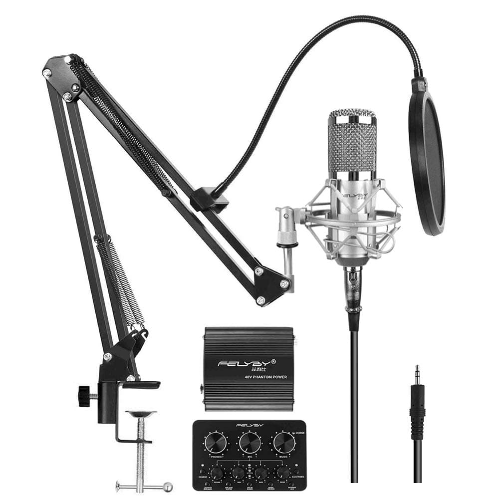 Premium Condenser Microphone, Studio Cardioid Microphone Kit with Phantom Power and Sound Mixer, Compatible with PC/Laptop/Tablet/Smartphone, for Singing/Recording/Chatting/YouTube Video
