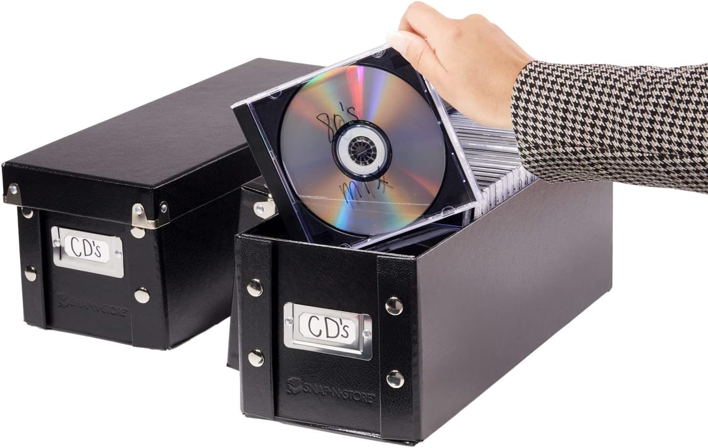 CD Storage Box - 2 Pack - Durable 5.1 x 5.1 x 13.2 Inch Disc Holders with Lids to Store up to 52 CDs - Black