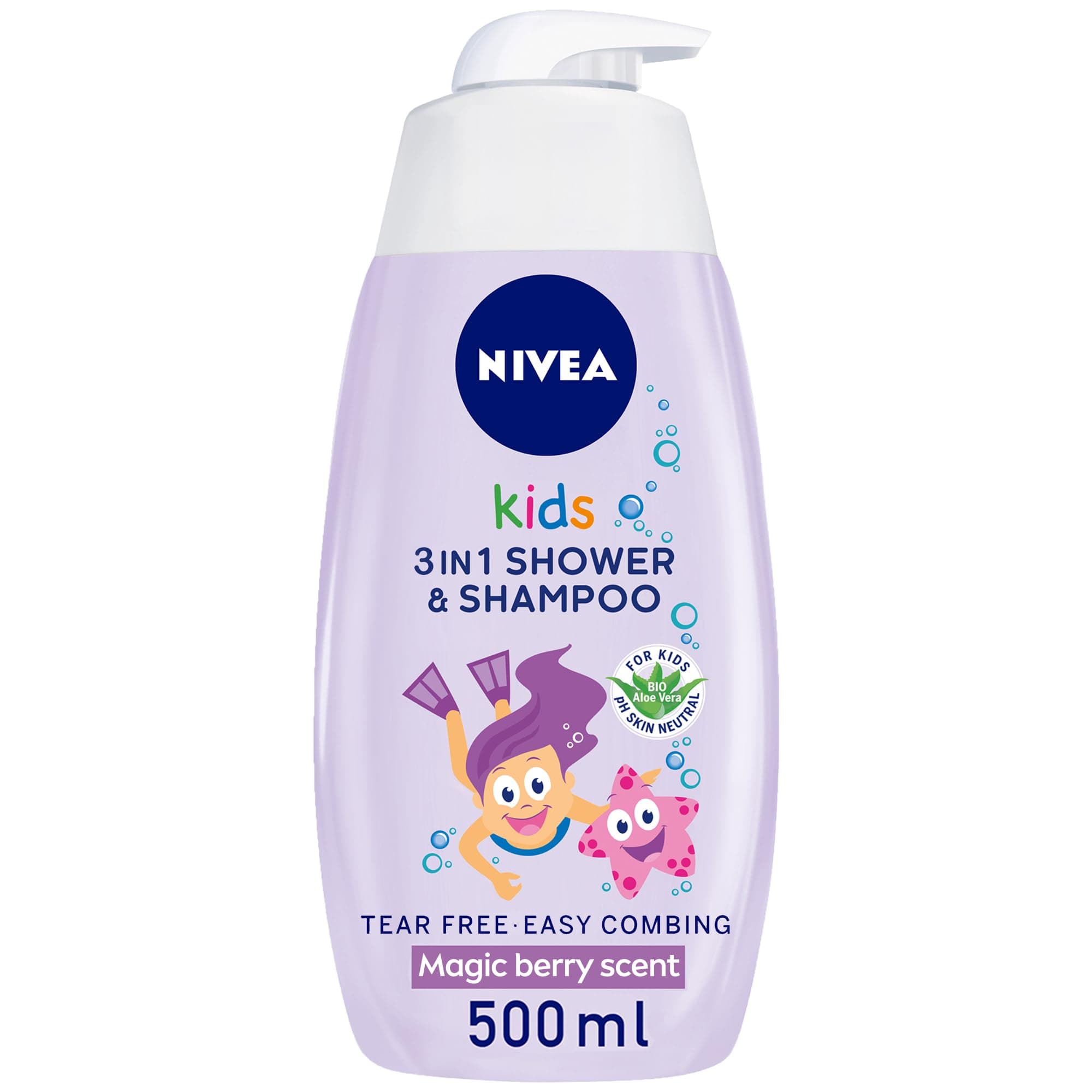 NIVEA Kids 3in1 Shower Gel & Shampoo, With Bio Aloe Vera & Magic Berry Scent, Tear-Free Formula for Hair & Body, 500ml