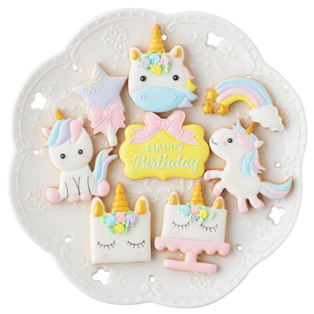 Mini Fantasy Horse Cookie Biscuit Fondant Cake Mold - Set of 16-8Pcs Cookie Cutter and 8Pcs Cookie Stencils, Include Horse Head, Horse, Plaque Frame, Magic Wand and Rainbow