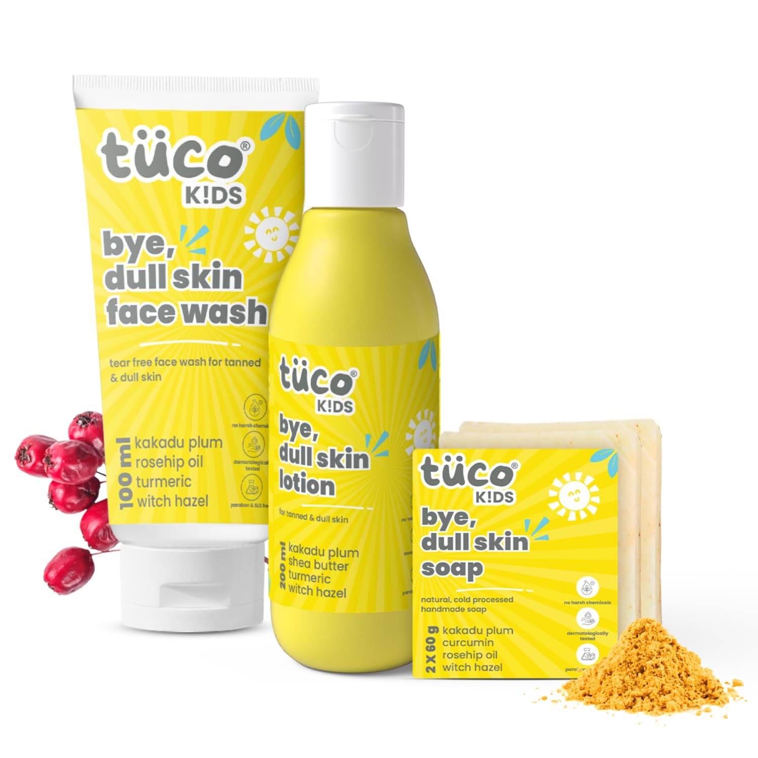 Tuco® Kids Dull Skin Soap (60 gm x 2), Face Wash (100 ml) & Dull Skin Body Lotion (200 ml) | Safe For Kids ages 2-5, 4-10, 10-15 years | Paraben Free & Sulfate Free | 420 gm-Pack of 3