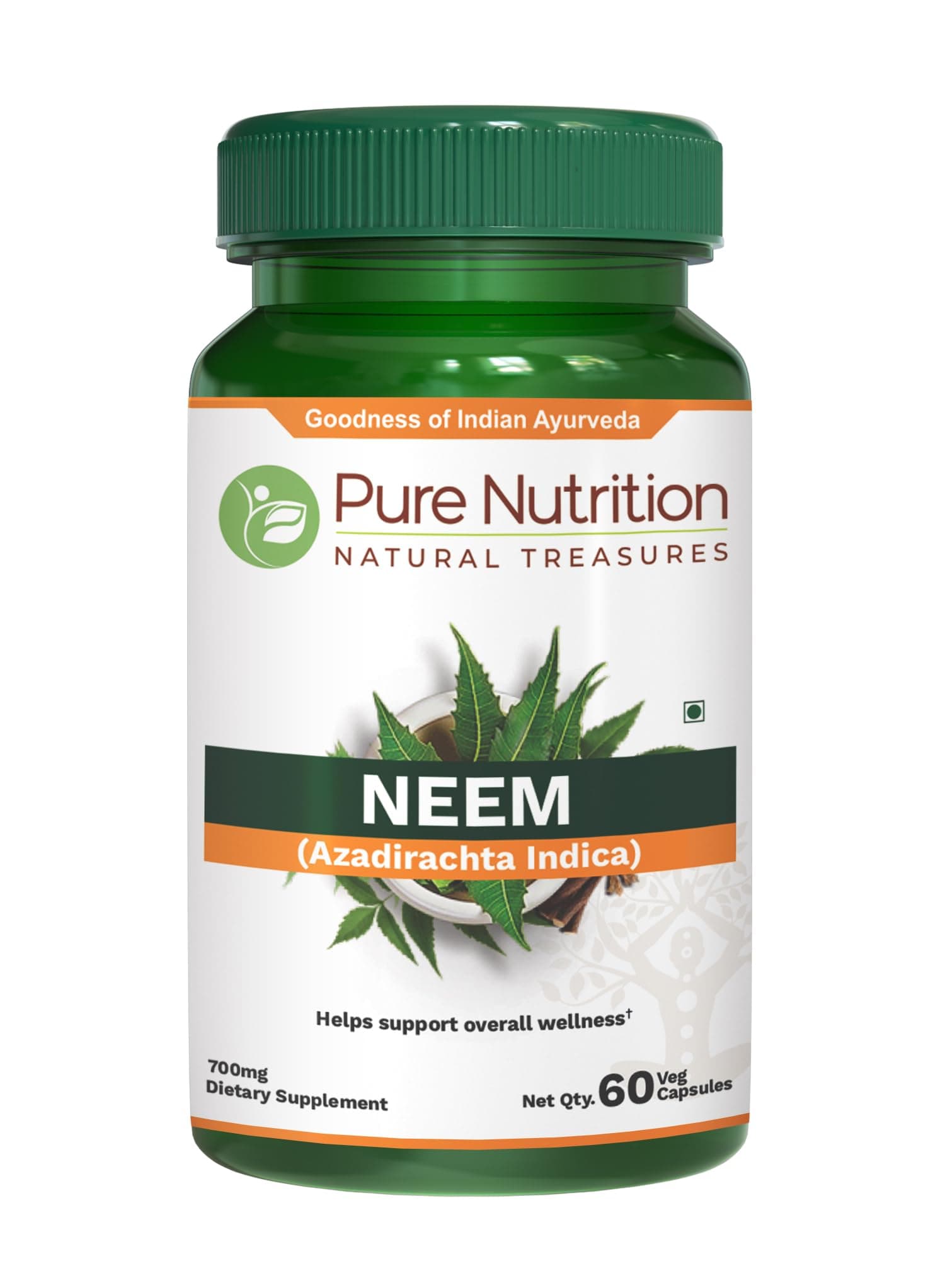 Pure Nutrition Neem Capsules 700mg. (Equivalent to 2600mg Neem Leaf Powder and Bark Powder) Non GMO | Once Daily | 60 Days Supply.