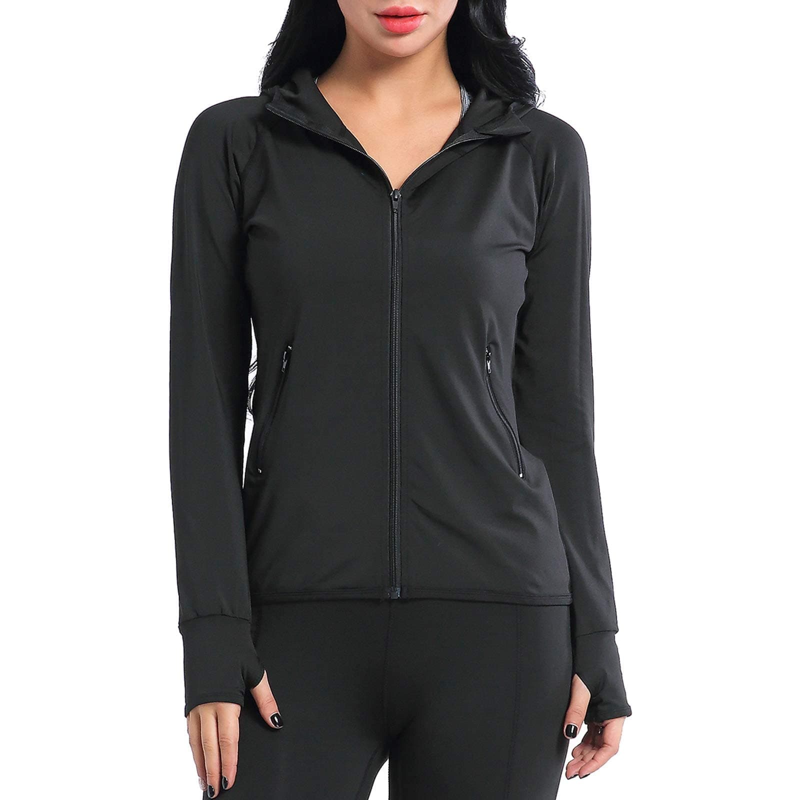 Women's Running Jacket Long Sleeve Gym Sports Hoodie with Zip Side Pocket