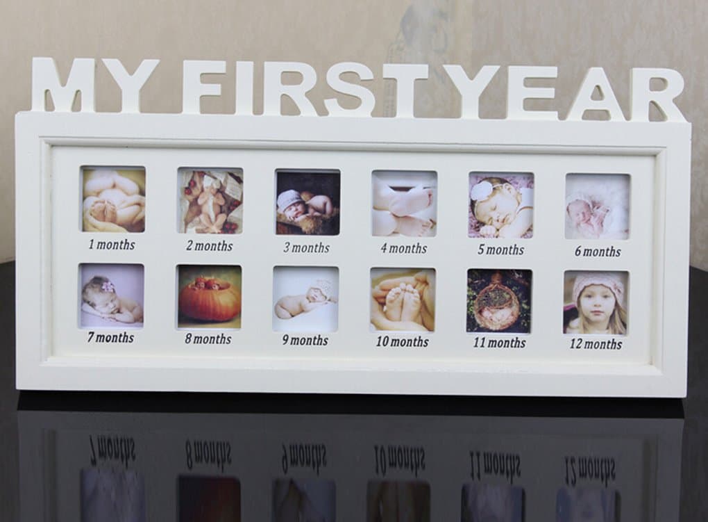 Baby 12-Picture Photo Frame 0-12 Month Portrait Keepsake Wooden Photo Frame Baby Shower Christening Birthday Gift, Ivory White