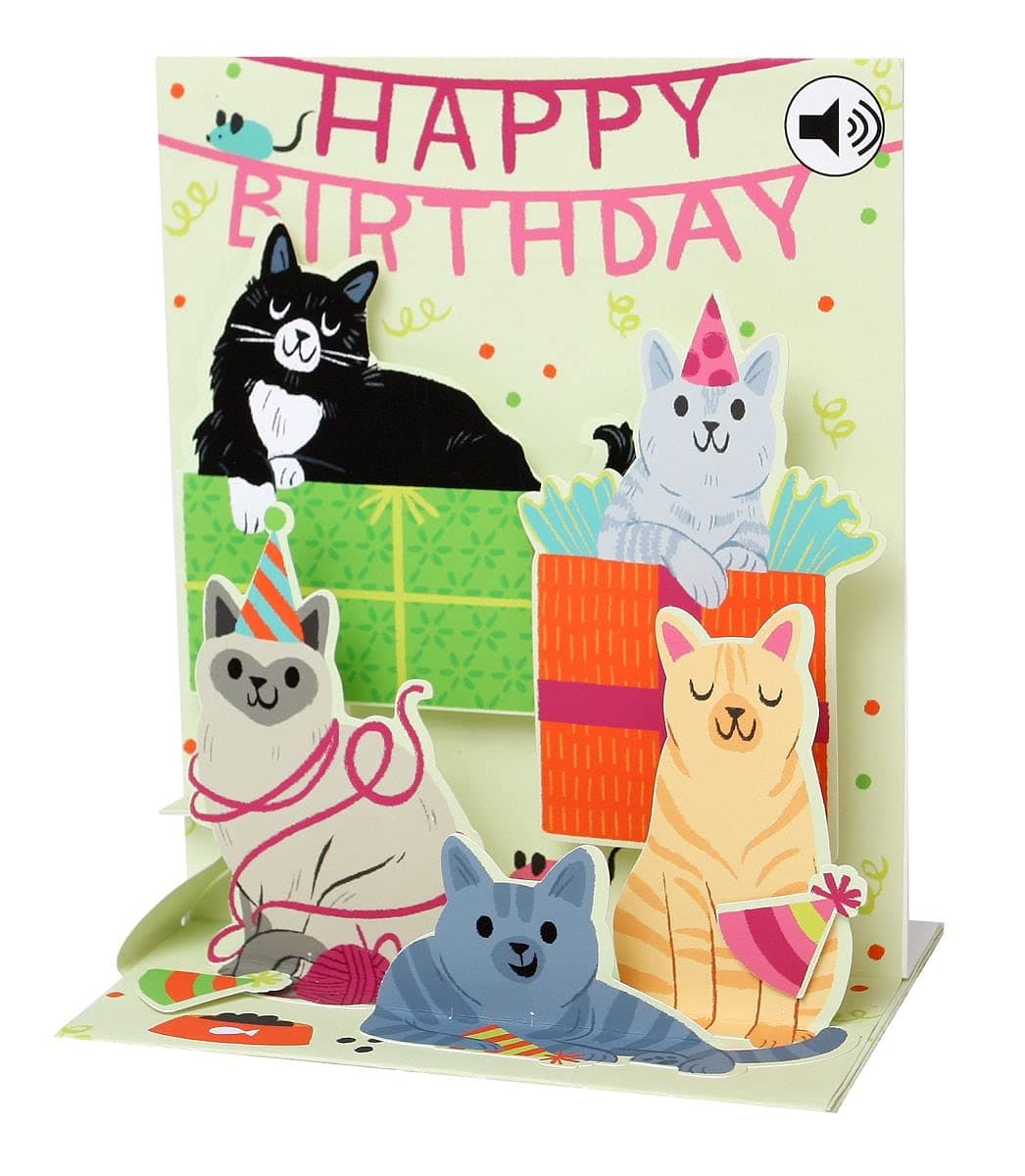 Pop-Up Sight 'N Sound Greeting Card - Feline Birthday, green, black, grey, orange, white