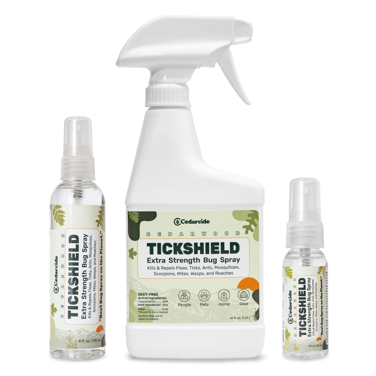 CedarcideExtra-Strength Tickshield Kit | Deep Woods Cedar Oil Spray Kills & Repels Ticks, Fleas, Chiggers & Mosquitoes | Safe for People & Pets | Natural Essential Oils | Small