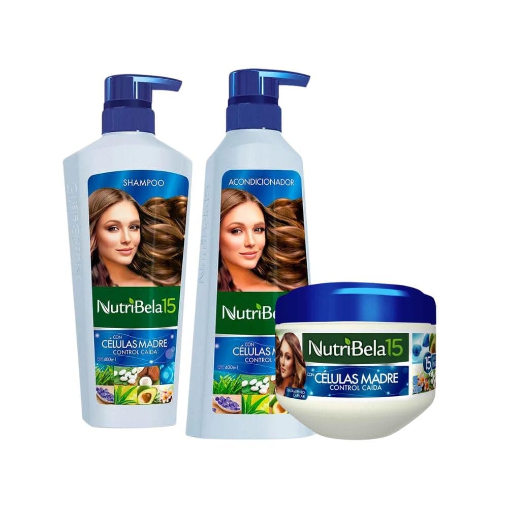 Nutribela 15 Celulas Madre (3 Pack) Shampoo 400mL + Acondicionador 400mL + Tratamiento 300mL, nutribela 15 Shampoo y acondicionador