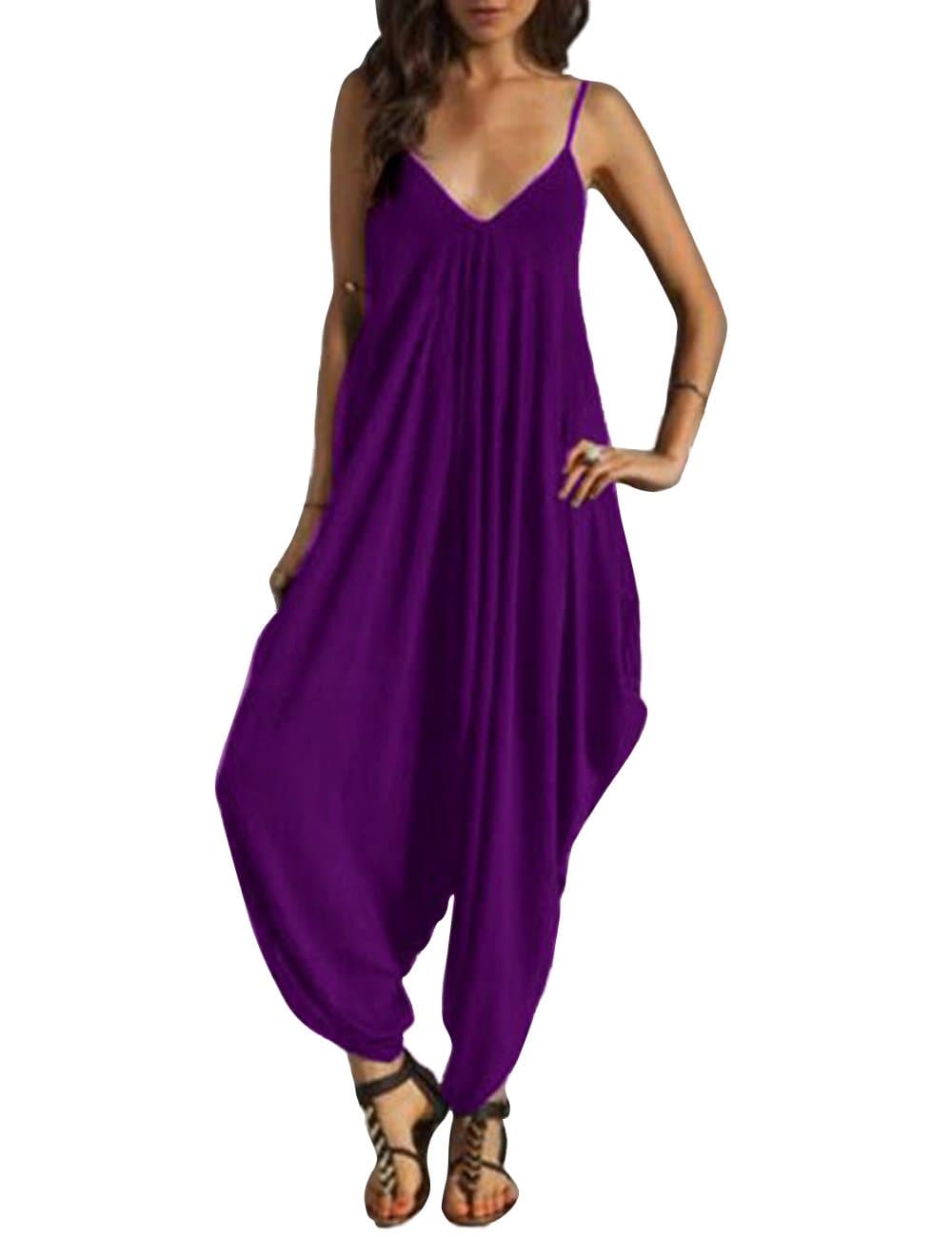 Shineya Women's Solid Color Sleeveless Deep V Neck Loose Sling Jumpsuit Purple 3XL