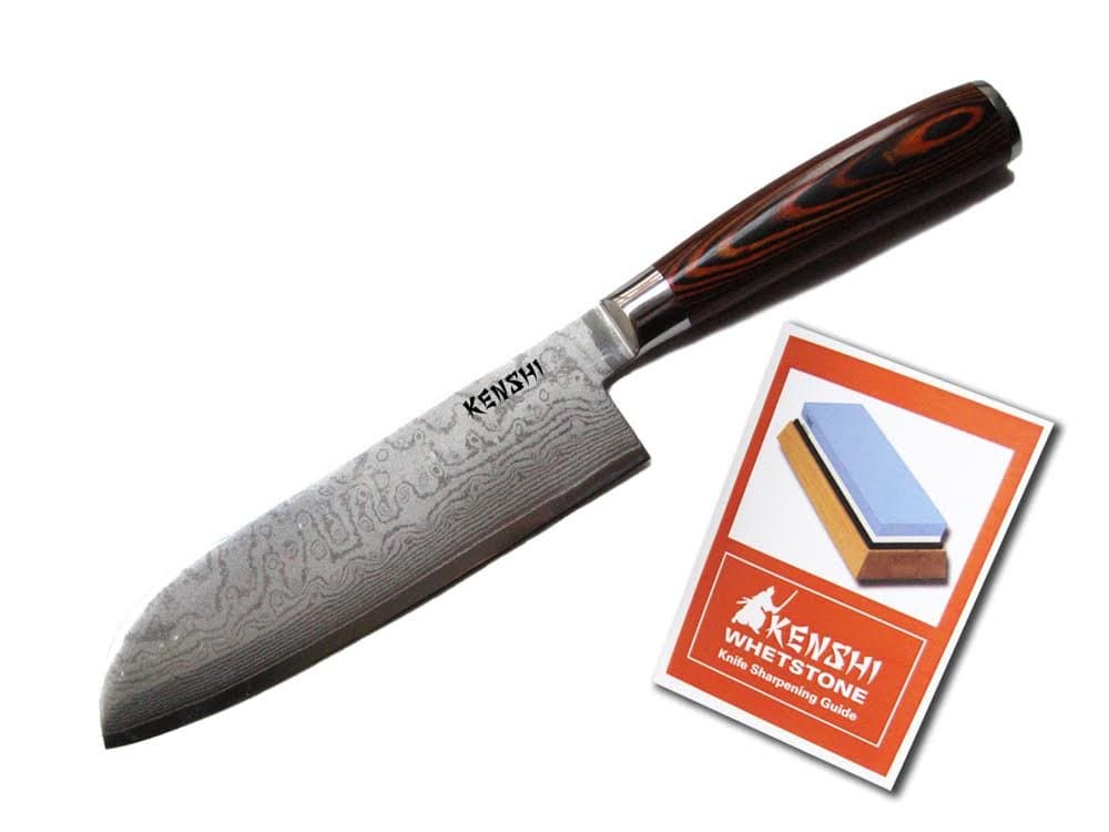 KENSHI 7 Inch Santoku Chef Knife with 67 Layer, Damascus Steel Blade with Japanese VG10 Core and Ergonomic Grip + Free sharpening manual