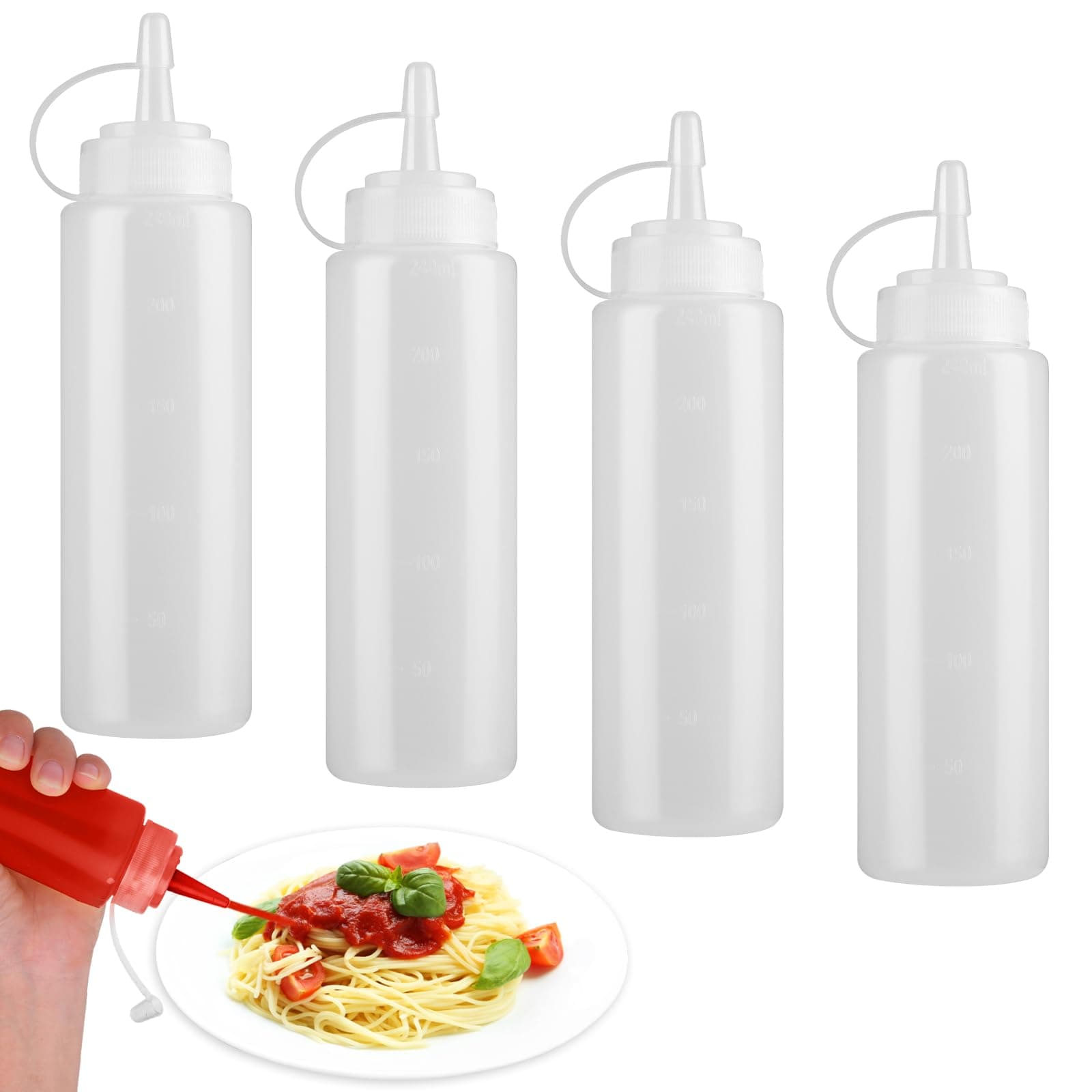 Grevosea 4 Pcs Plastic Squeeze Bottles, 240ml Condiment Bottles with Caps White Squeeze Dispensers Reusable Plastic Sauce Seasoning Bottles Dispensers for Sauce BBQ Hot and Olive Oil