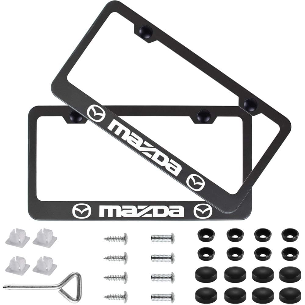 2pcs Stainless Steel License for Mazda, Plate Frame with Screw Caps Cover Set, Matte Black