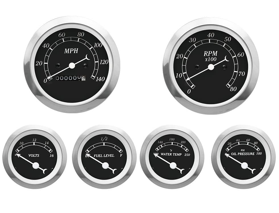 Classic 6 Gauge Set with Mechanical Speedometer Analog Odometer Black Dial Light Bulb Illumination 85mm 3-3/8" & 52mm 2-1/16"