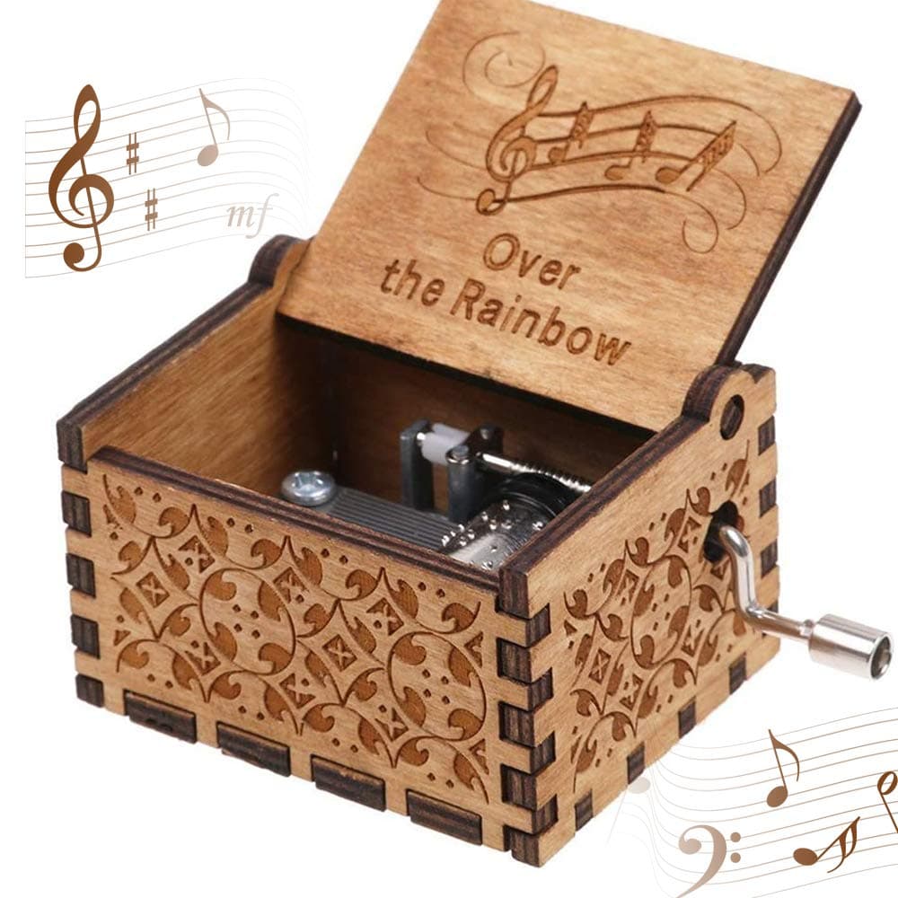Over The Rainbow Music Box, Wooden Vintage Handmade Engraved Music Box Carved Hand Crank Music Boxes Festival Presents for Friends