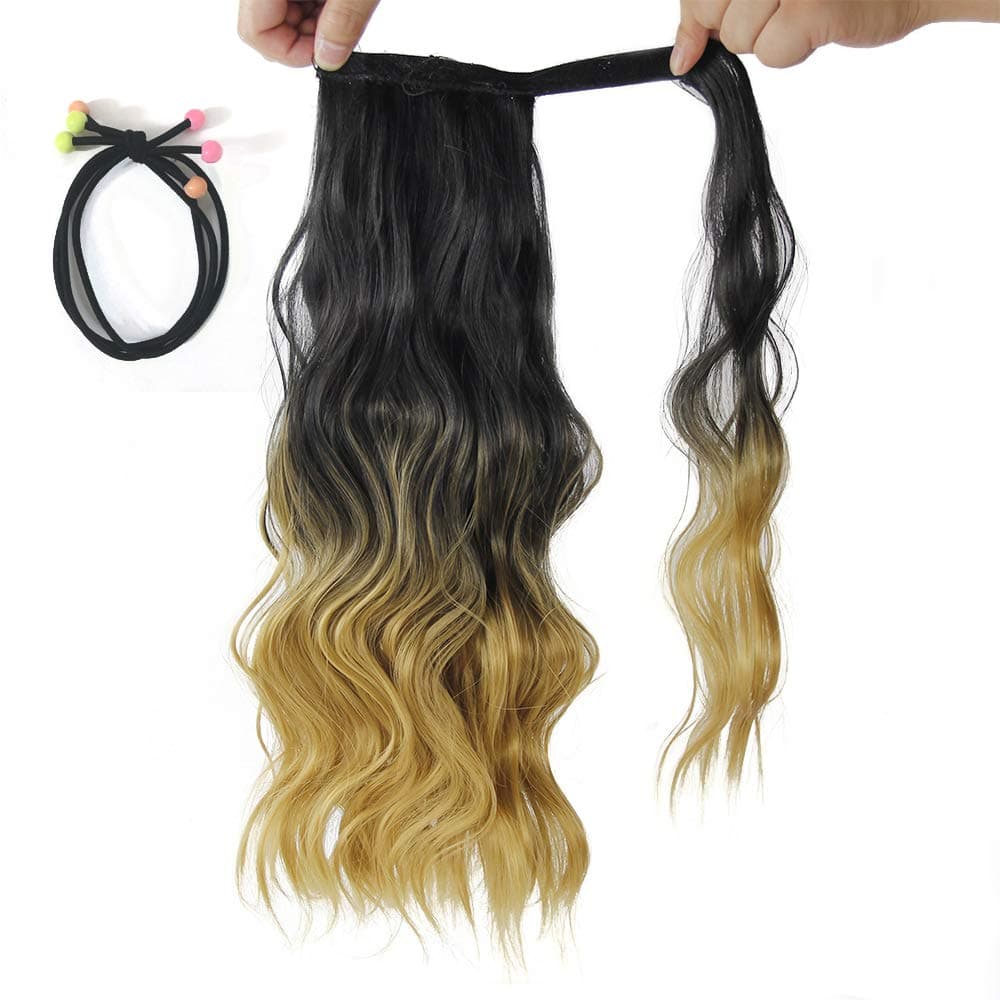 18" 150g Wavy Curly Wrap Around Ponytail Extension for Women Magic Paste Ombre Clip in Curly Ponytail Hair Piece (Black/Blonde)