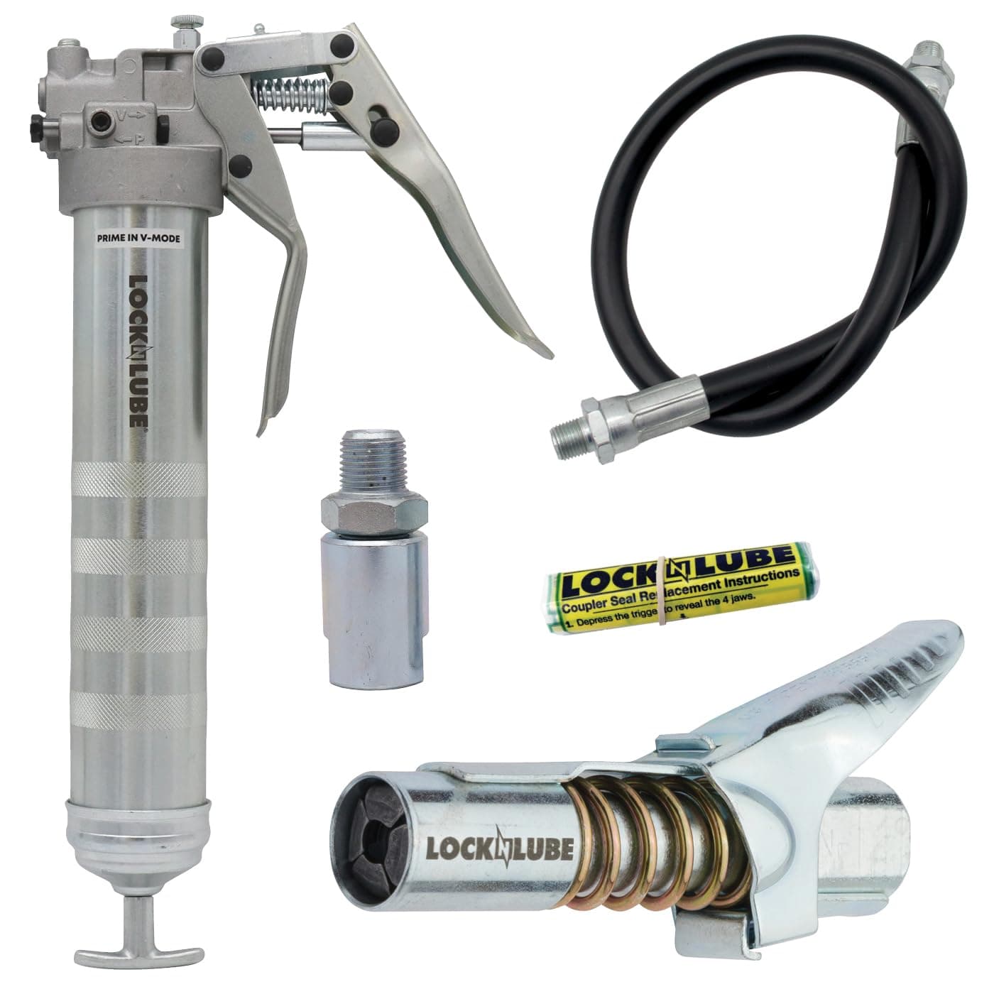 LockNLube Professional Dual-Mode Pistol Grip Grease Gun. Includes LockNLube® Grease Coupler, high-quality 20" hose and in-line hose swivel.