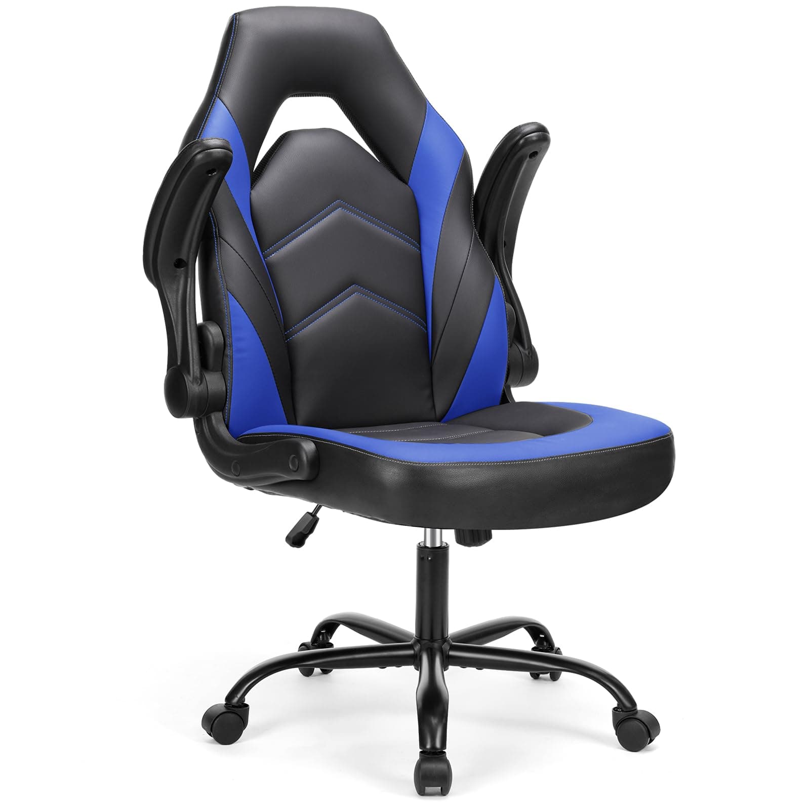 Sweetcrispy Computer Video Game Chair - Ergonomic Home Office with Comfy Lumbar Support, PU Leather Height Adjustable with Flip-up Armrest and 360° Swivel Wheels, Blue, for Adults, Teens