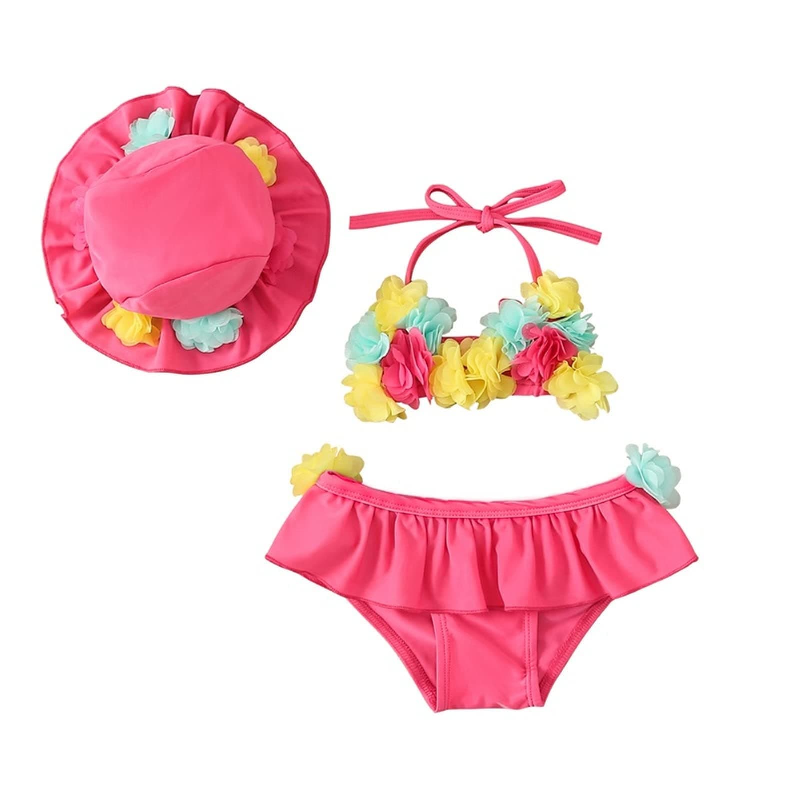 Yccutest Infant Baby Girl Flower Swimsuit 3Pcs Halter Triangle Tops Ruffle Bottoms Sun Hat Bikini Set Bathing Suit Swimwear