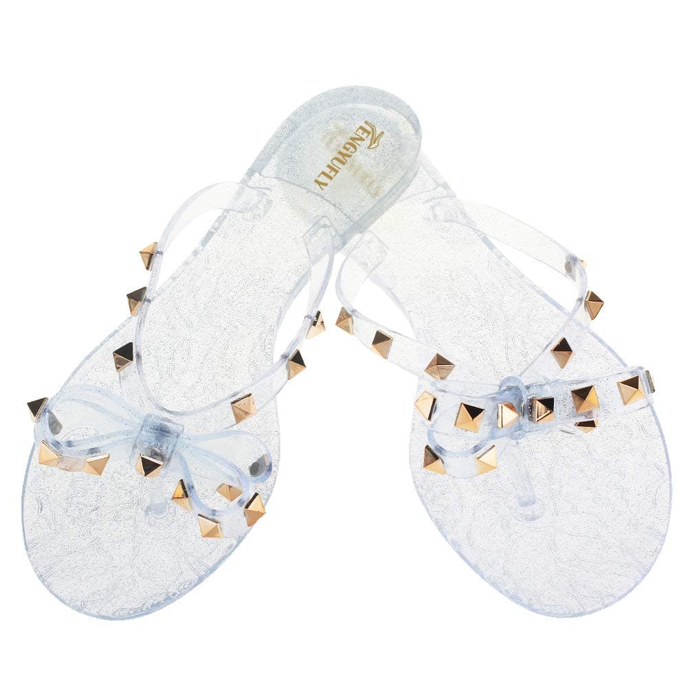 TENGYUFLY Womens Rivets Bowtie Flip Flops Jelly Thong Sandal Rubber Flat Summer Beach Rain Shoes