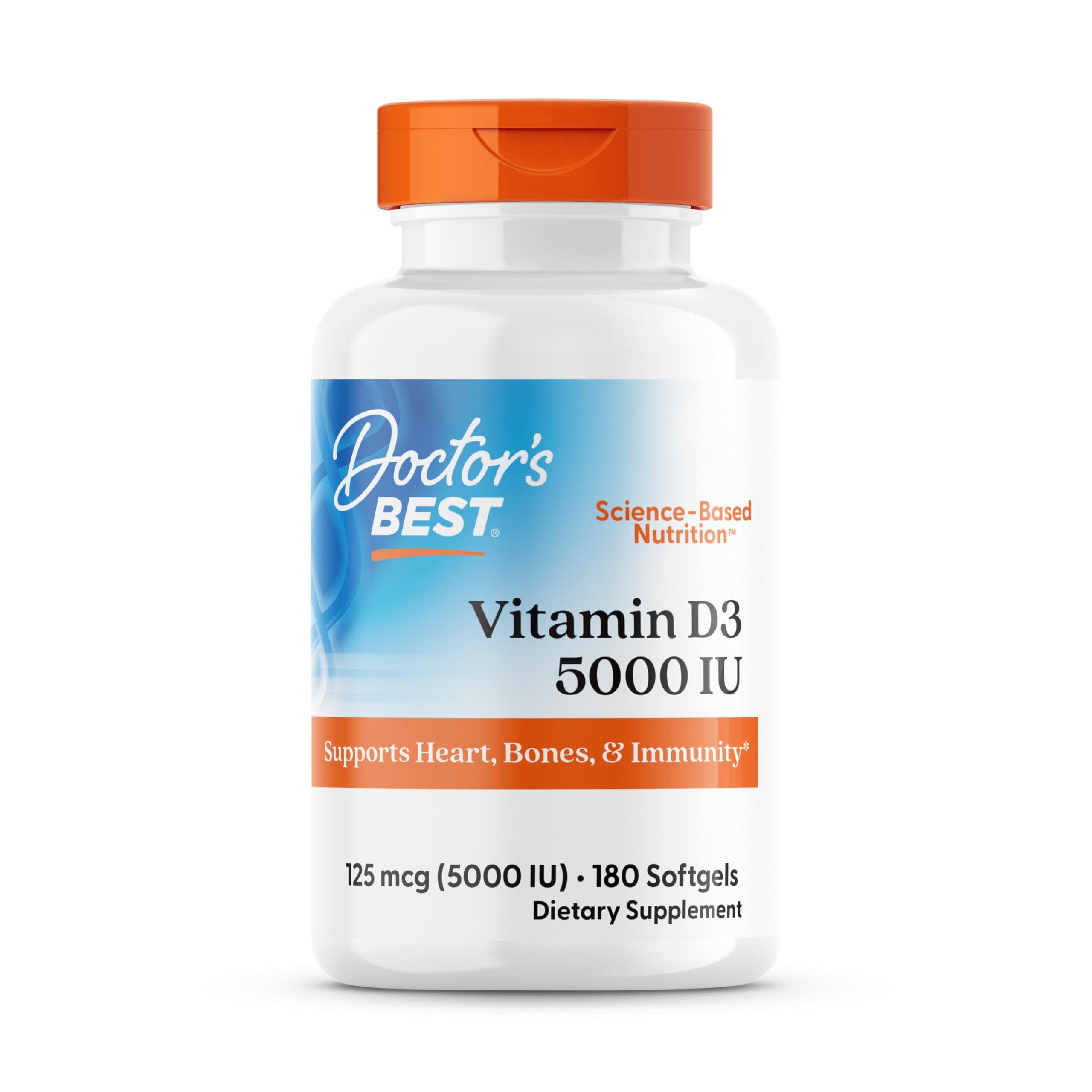 Doctor's Best Vitamin D3 5000IU, Non-GMO, Gluten & Soy Free, Regulates Immune Function, Supports Healthy Bones, White, No Flavour, 180 Count