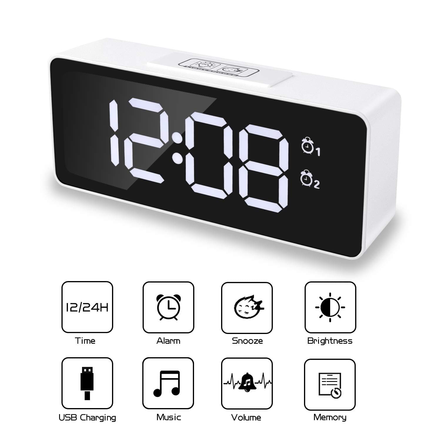 Digital Alarm Clocks Bedside, Alarm Clock Digital LED Mirror Clock for Office Digital Clock with Dual Alarm Adjustable Brightness 12/24H Mode Snooze & Memory Function 25 Music USB Powered