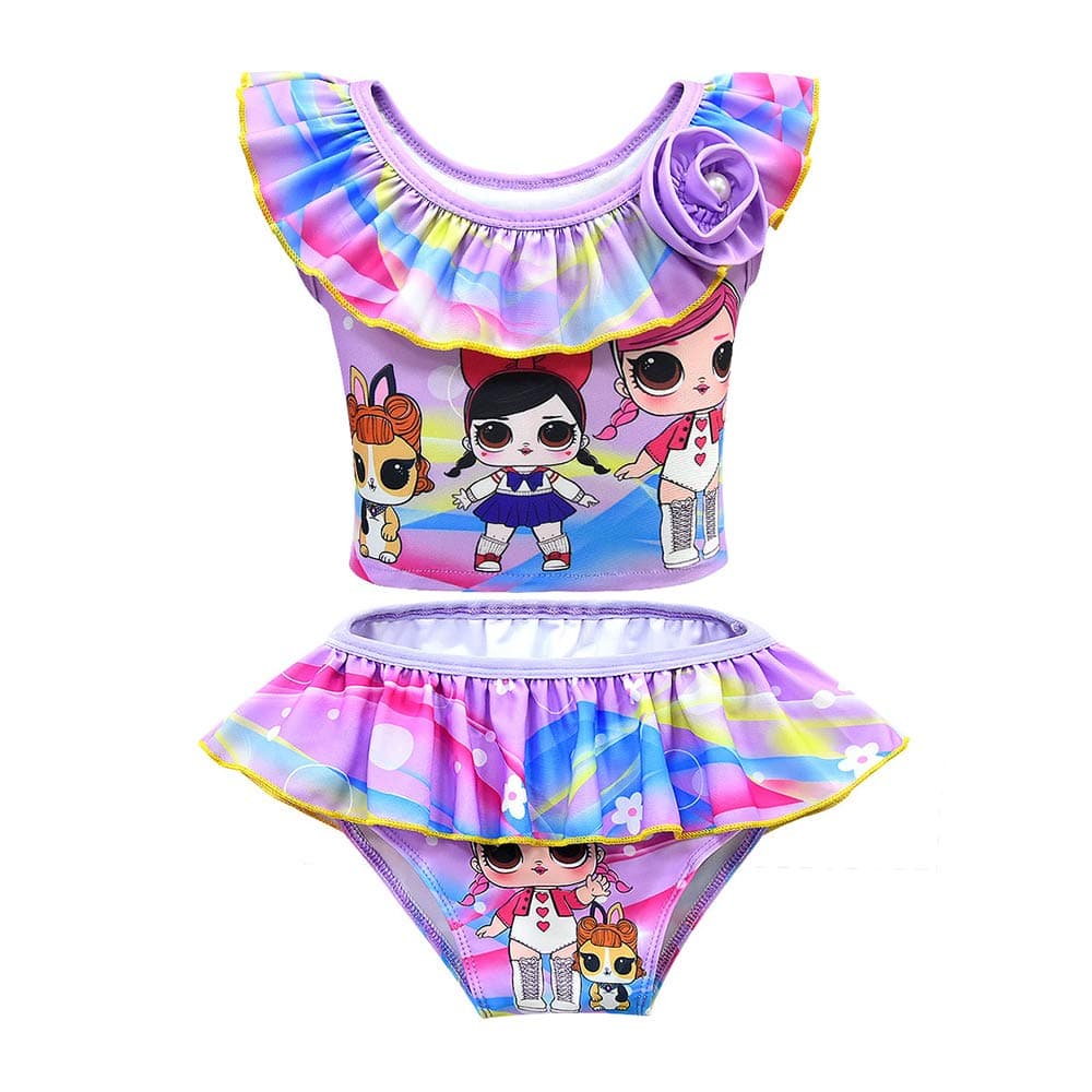 Toddler Baby Girls Swimsuits Two Piece Doll Print Ruffle Swimwear Bathing Suit for Doll Surprised Beach Tankinis