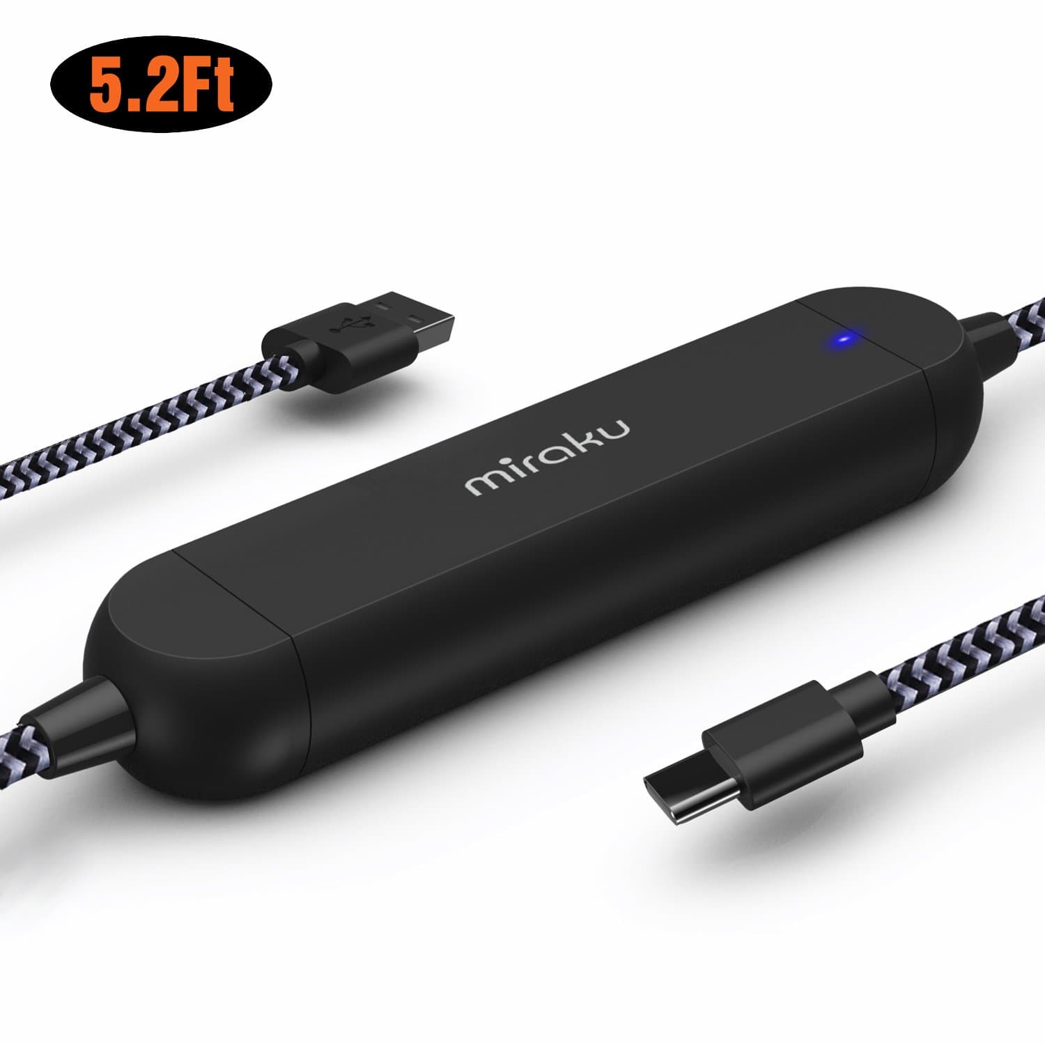 USB C Portable Battery Phone Charger - miraku M9 1500mAh Extra Battery Bankup with 5.2Ft Braided Power Cable for Samsung S8 S8 Plus, LG G6 Nexus P6, Google, HTC and More (Black)