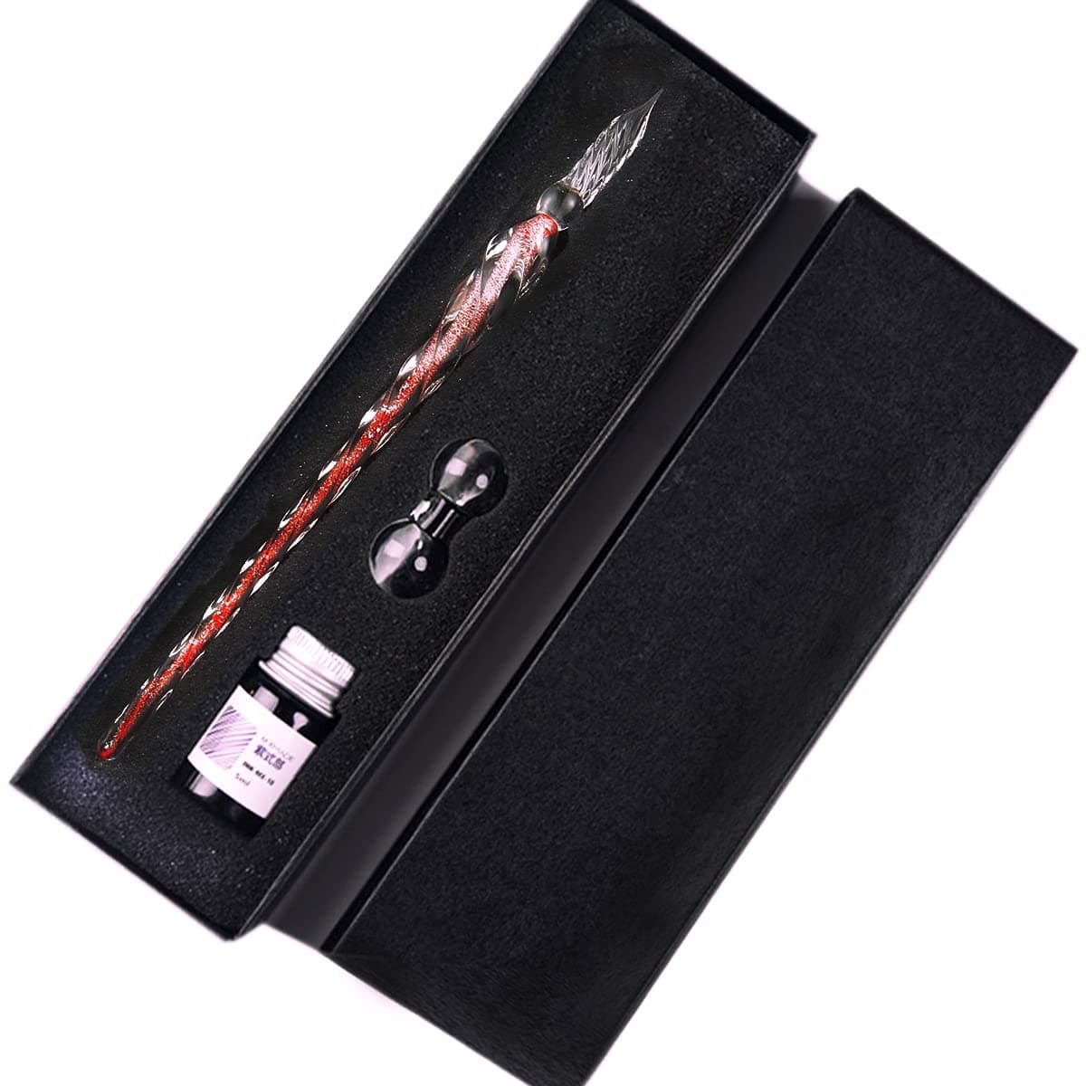 Dip Pen Set Jubapoz Glass Dip Pen Handmade Glass Signature Pen Writing Crystal Pen for Writing Decoration(Red)