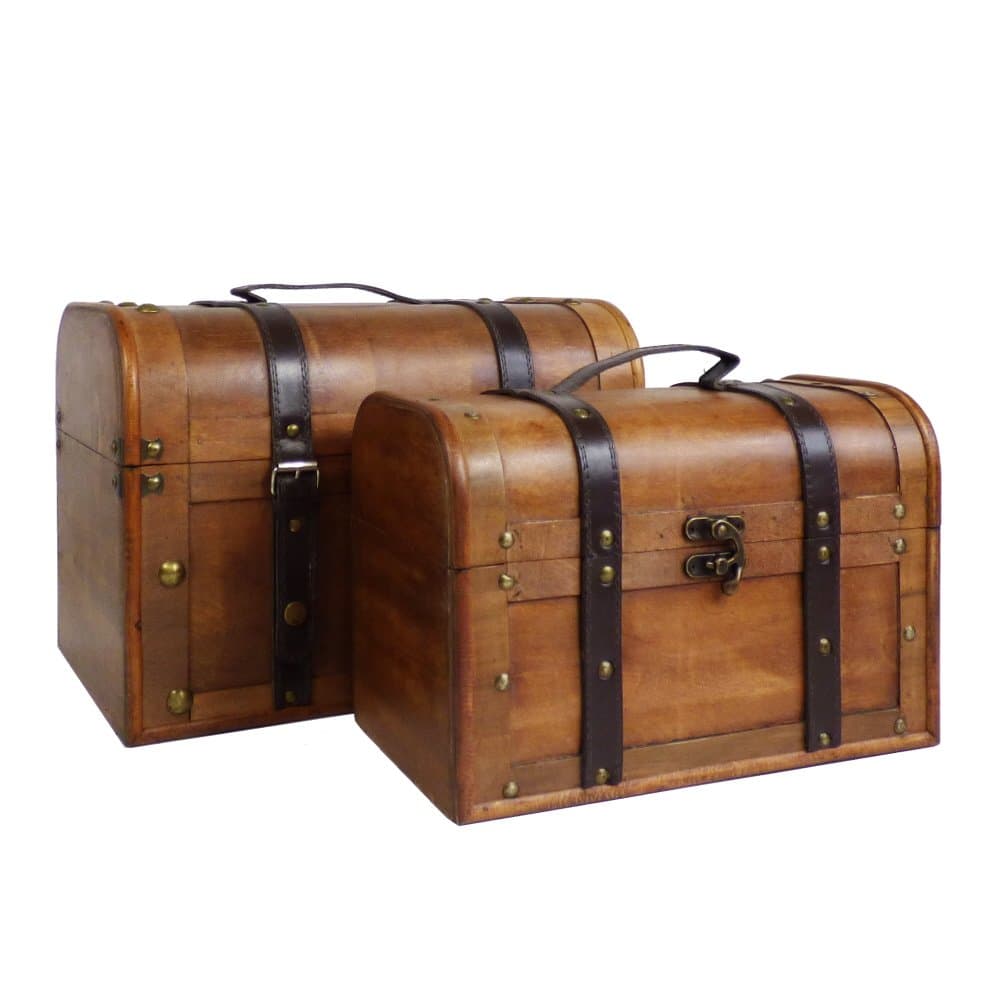 Fine Gifts 2 Decorative Studded Wooden Storage Trunk Chests with Oak Effect, Gift ideas for Mum, Mothers Day, Christmas, Birthday, Keepsake, Toy Box, Memory Box