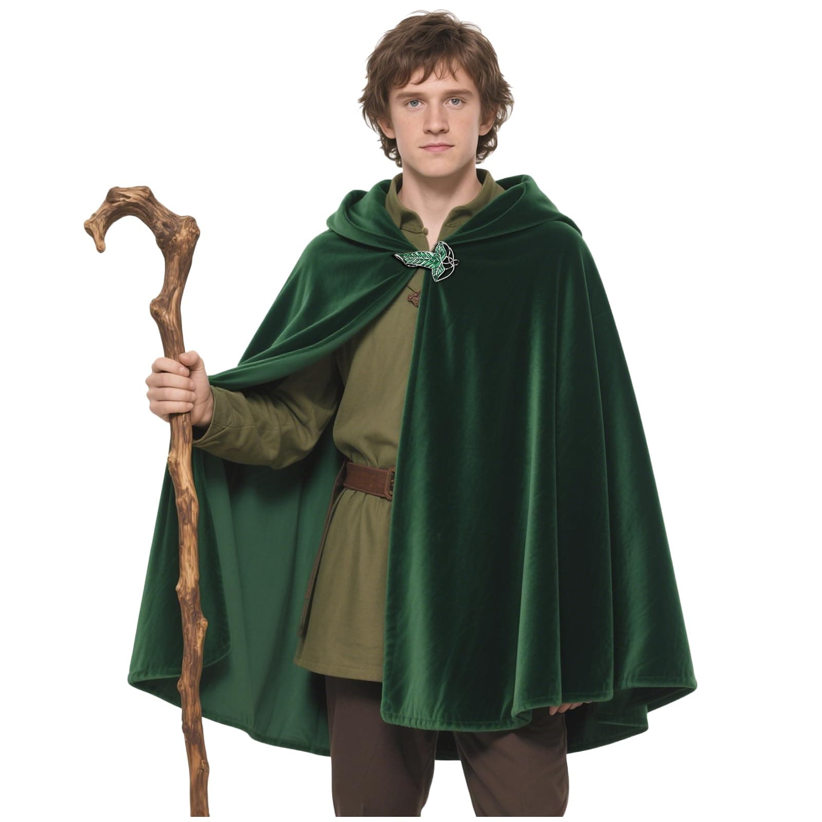 L'VOW Medieval Green Hobbit Cloak Renaissance Elf Hooded Cape wtih Leaf Brooch Clasp
