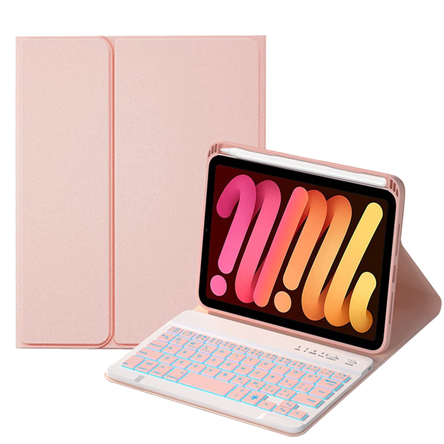 CWNOTBHY iPad Mini 6 Keyboard Case 2021, Backlit Detachable Wireless Keyboard with Slim Cover and Pencil Holder for iPad Mini 6th Generation 8.3 Inch (Pink)