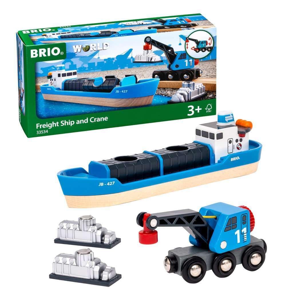World Harbour Freight Ship Boat and Crane for Kids Age 3 Years Up - Wooden Railway Accessories & Add Ons
