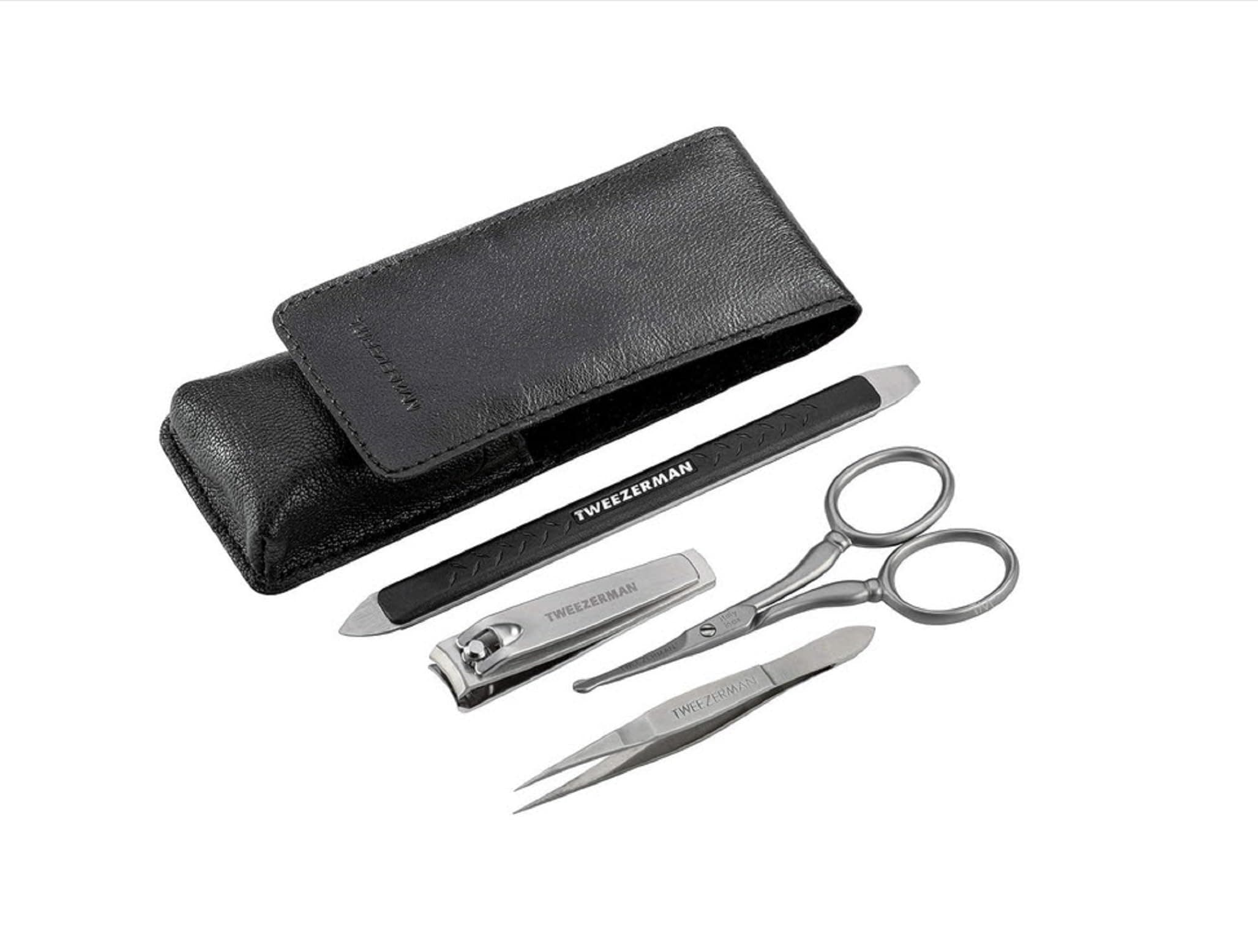 Tweezerman Gear Essential Grooming Kit. Set contains: Tweezerette, Facial Hair Scissors, Fingernail Clipper, Multi-Use Nail Tool.