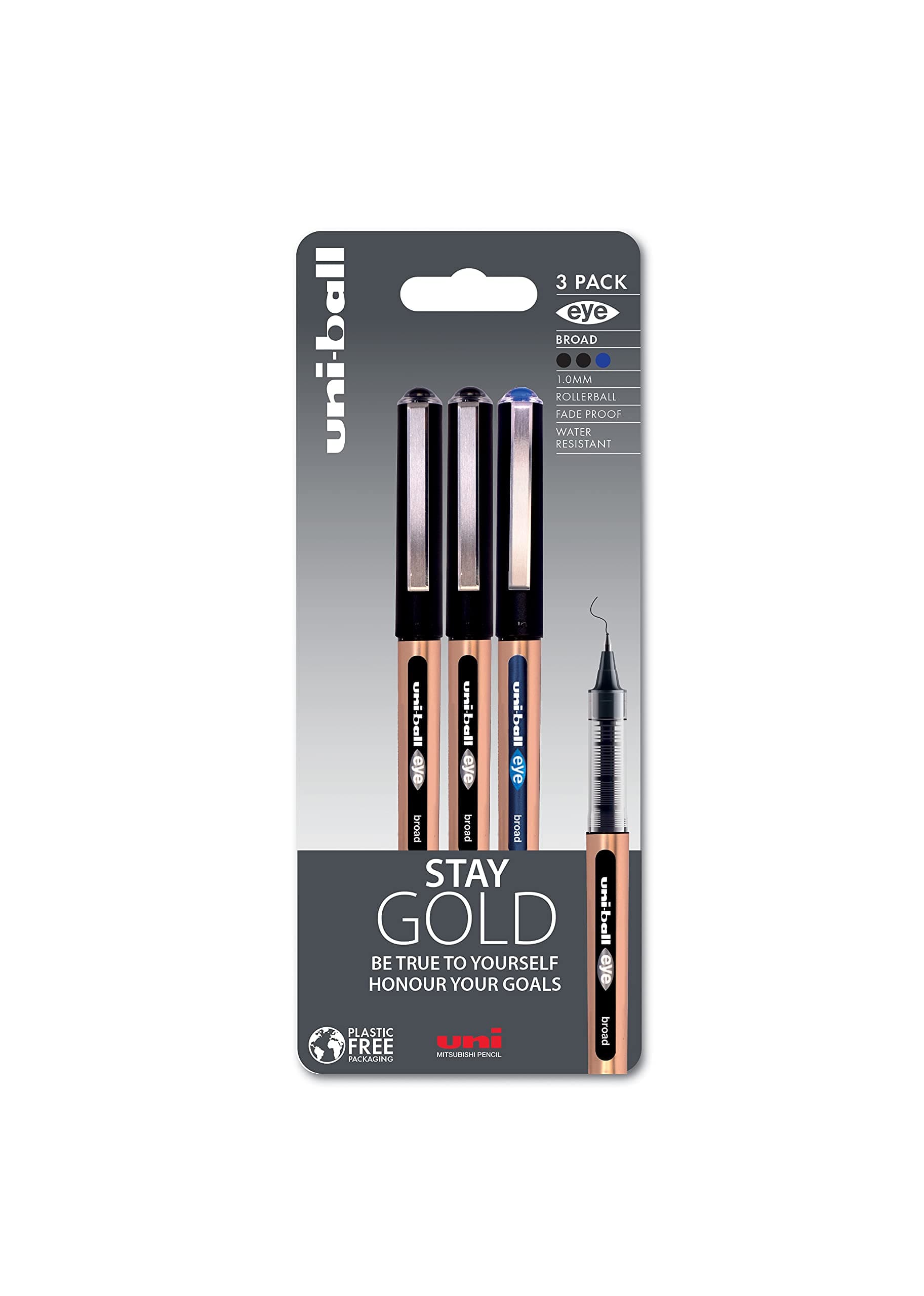 uni-ball On Point Stay Gold Eye Broad Rollerball Handwriting Pens 3 Pack in Black and Blue Ink