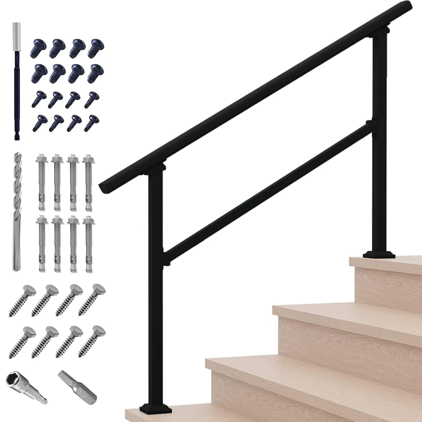Metty Metal Handrails For Outdoor Steps,1-4 Step Stair Handrail & Indoor Railing Kit๏ผBlack Railings Steps And Hand Rails Seniors Porch Deck Rail(1-4 Step)