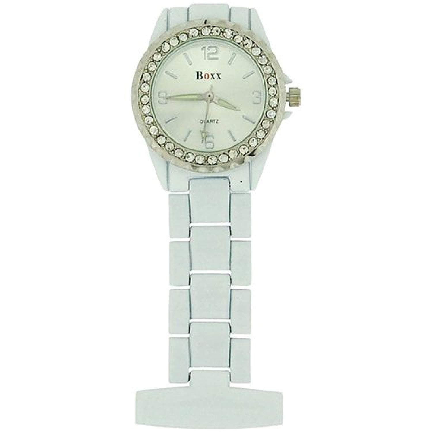 Boxx Ladies White Enamel Stone Set Bezel Nurses/Beauticians Fob Watch BOXX12