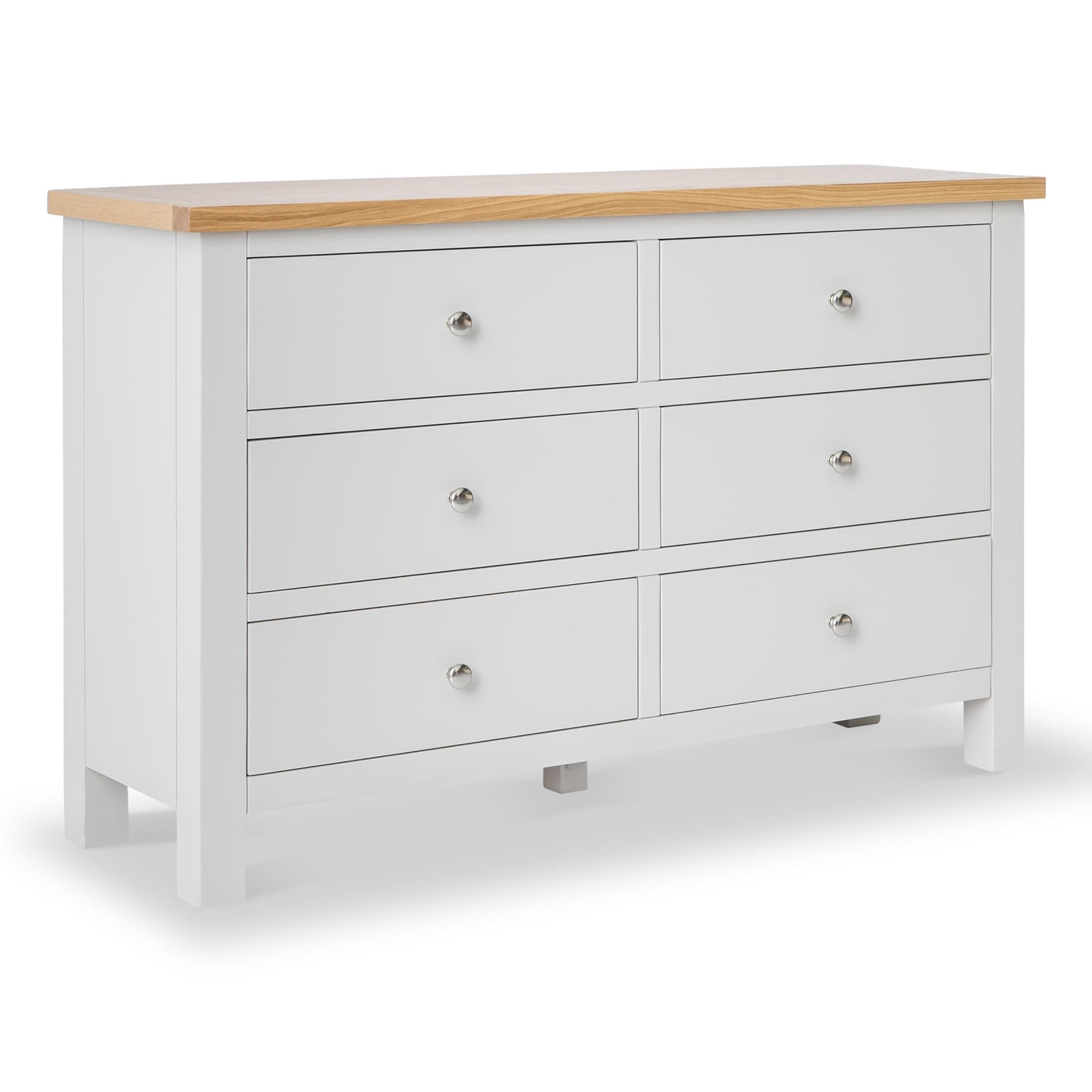 Farrow Grey Large Chest of Drawers for Bedroom with 6 Drawers | Roseland Furniture Fully Assembled Contemporary Solid Wood Wide Painted Wide Storage Chest with Oak Top | 78 x 120cm
