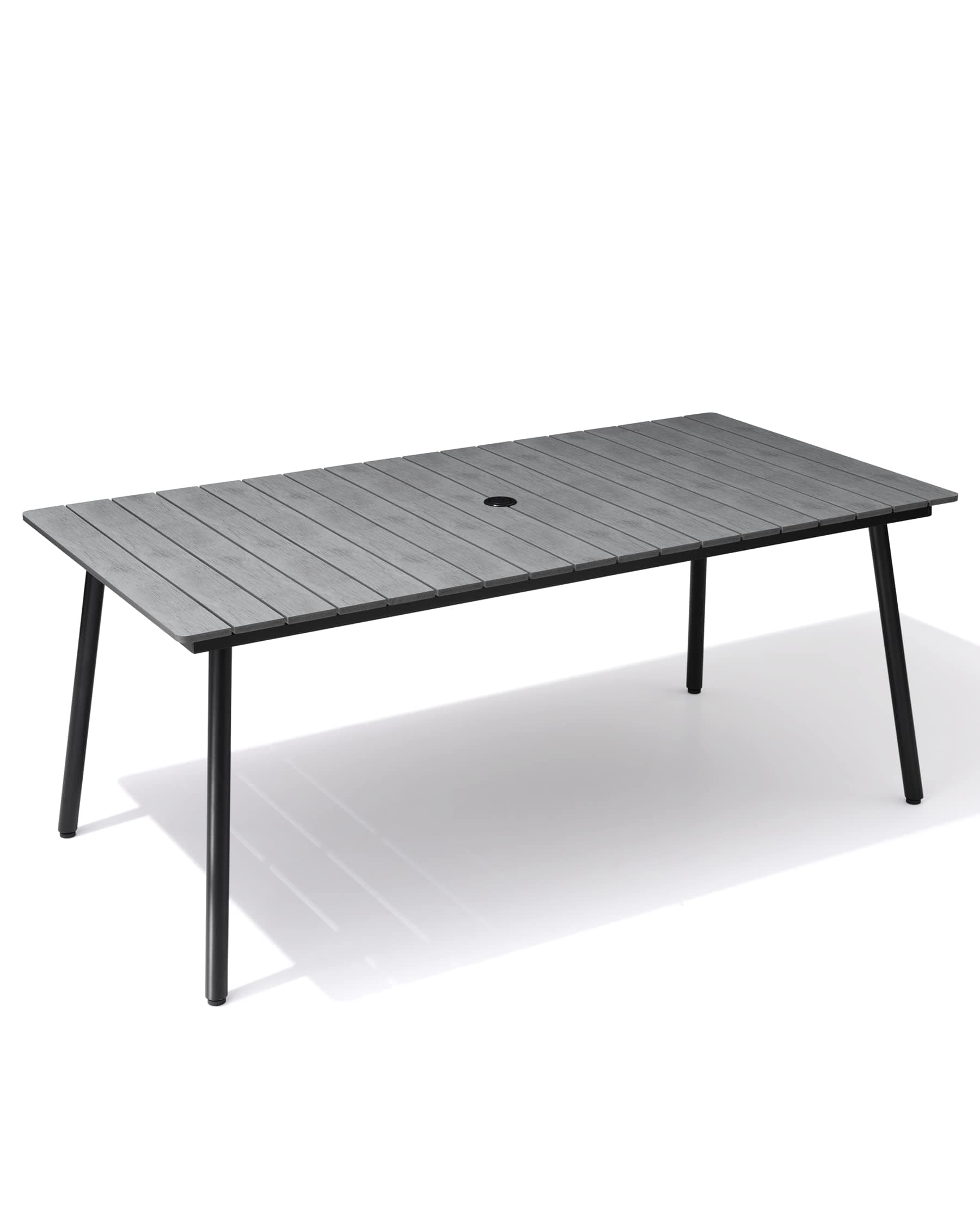 70" Patio Outdoor Dining Table for 6, Weather-Resistant Aluminum Frame with Wood-Grain Top & Umbrella Hole for Deck Gatherings, Grey