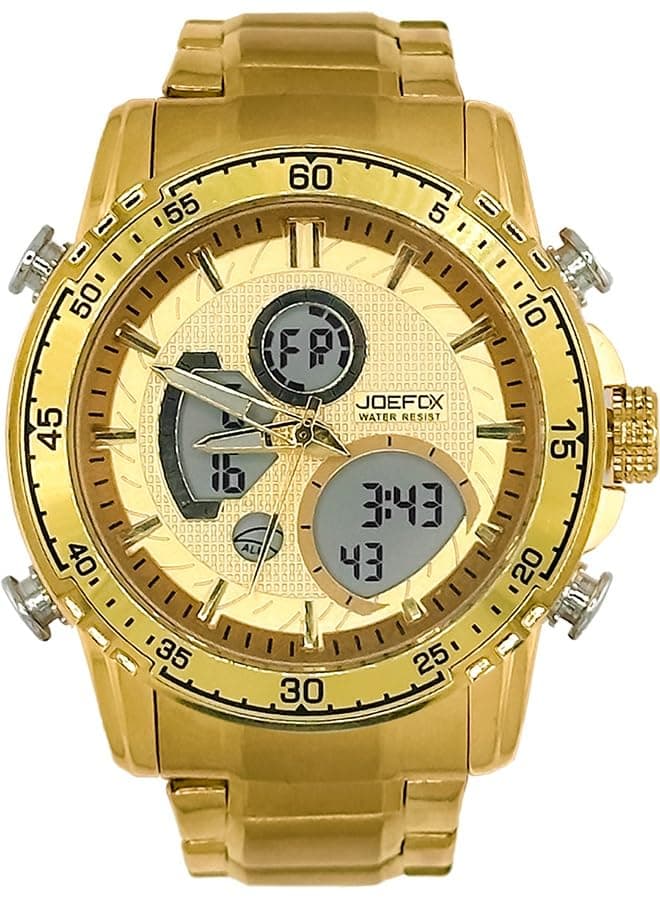 JOEFOX - Men's Golden Digital Luxury Watch | LED Analog Quartz Wrist Watch | Stopwatch Date Multi Time Zone Watch | 3 ATM Waterproof Round Golden Dial Watch | Stainless Steel Golden Band Watch, strap