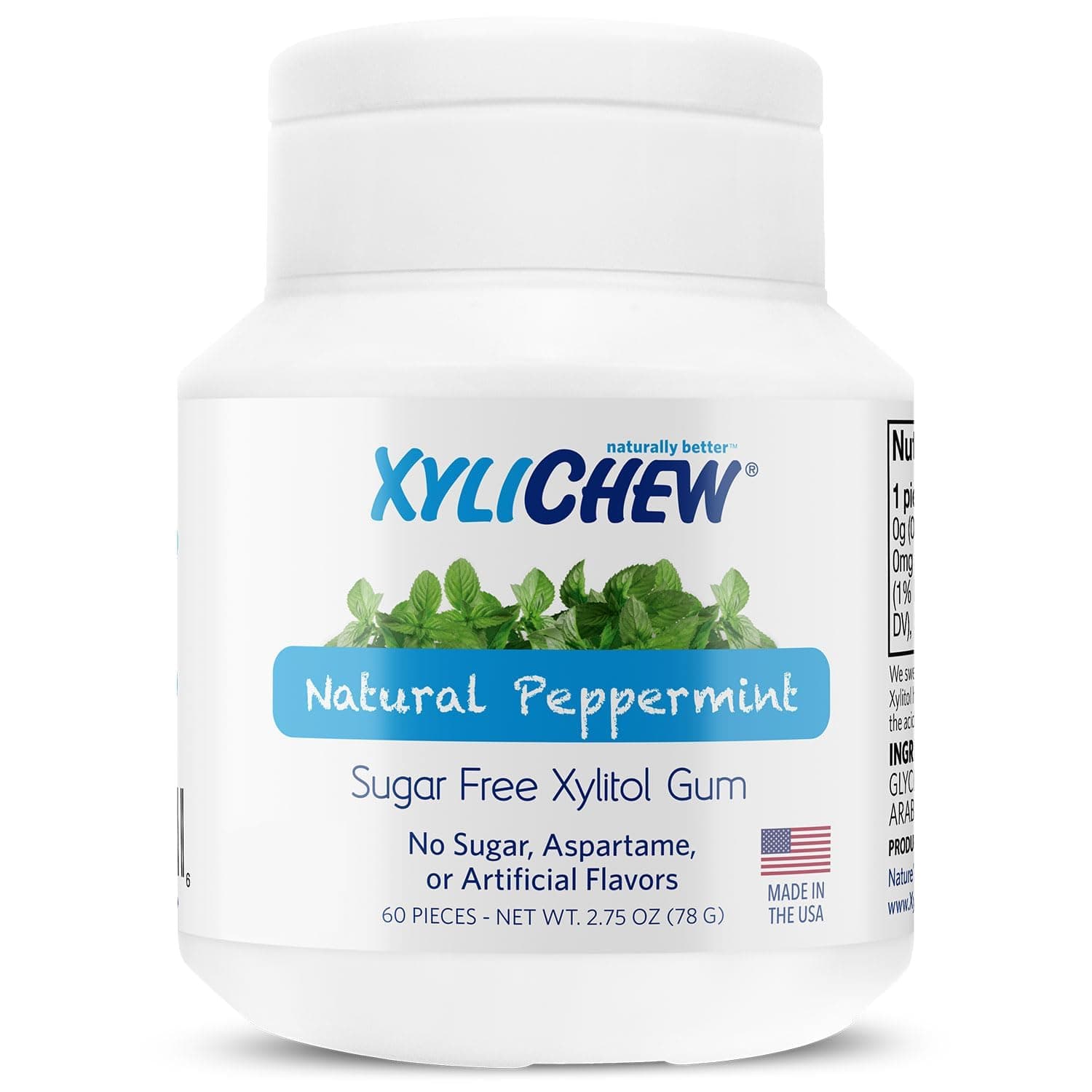 Xylichew Xylitol Gum - Chewing Gum Sugar Free, Aspartame Free, Gluten Free, Keto - Sugarless, Healthy, Natural Oral Care - Relieves Bad Breath and Dry Mouth - Peppermint, 60 Count