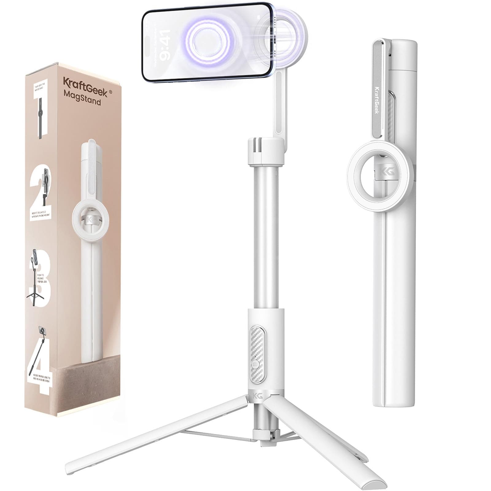 KraftGeek Magnetic Phone Tripod for iPhone Magsafe, 64” Selfie Stick Tripod Stand with Remote, Travel Cell Phone Stand for iPhone 17 Pro Max