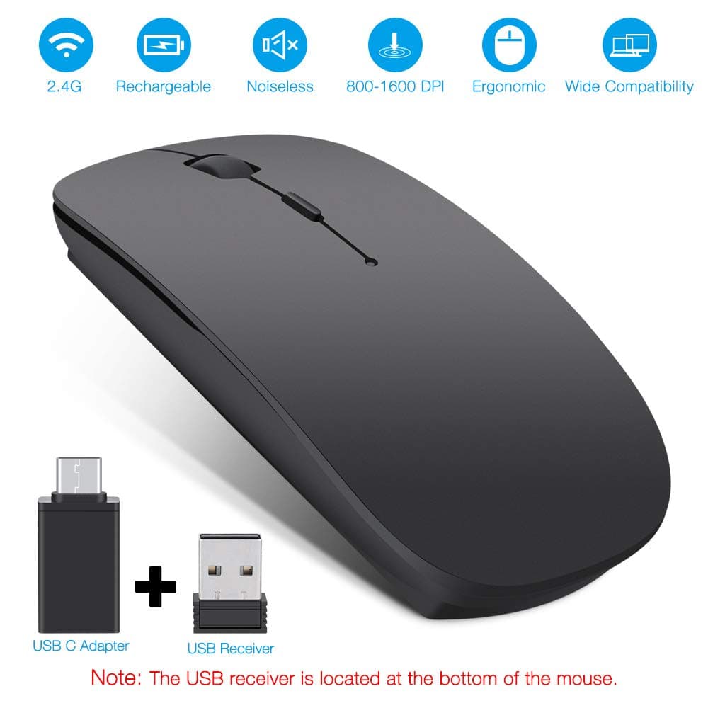 Rechargeable Wireless Mouse, Topist 2.4Ghz Slim Noiseless Mute Silent Click Optical Mouse Mice with USB Receiver Type C for Laptop, Desktop, Tablet, Notebook, PC, Computer, MacBook - Black
