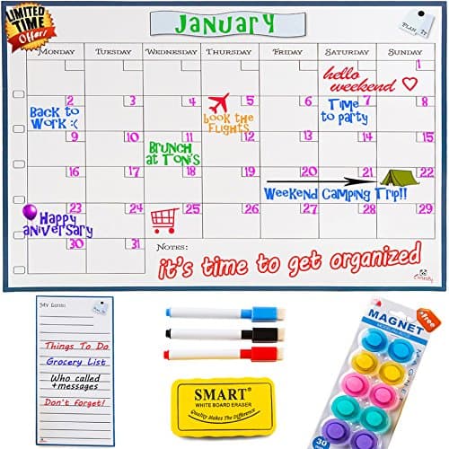 Monday to Sunday Dry Erase Magnetic Calendar Whiteboard - 1612" Monthly Refrigerator Calendar Board - INCLUDES Magnetic My Lists Pad, Erasable Markers & Eraser, BONUS Magnetic Pins by Curiosity