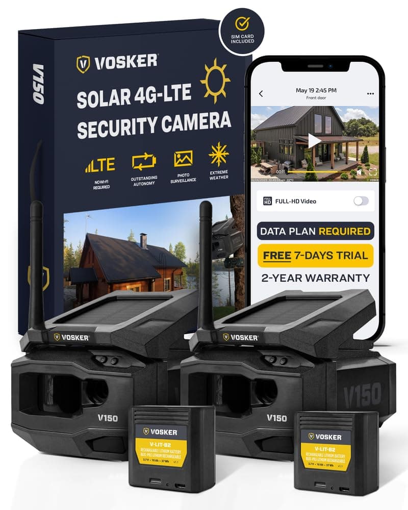 Vosker V150 Twin Pack Solar-Powered LTE Cellular Home Security Outdoor Camera | Motion Activated Photo Capture Nightvision Wireless Camera |Receive Photos (No Video) on Your Mobile App (2 Pack)
