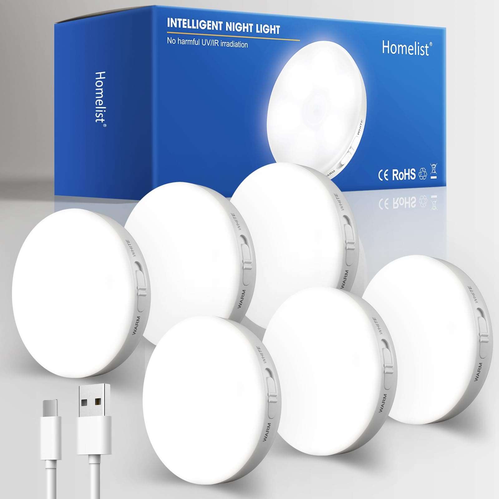 Homelist Motion Sensor Light Indoor, 6 Pack Stair Night Lights Battery Operated, USB Rechargeable Under Cabinet Lighting, Wireless LED Puck Lights for Kitchen, Bedroom, Hallway, Wall, Closet