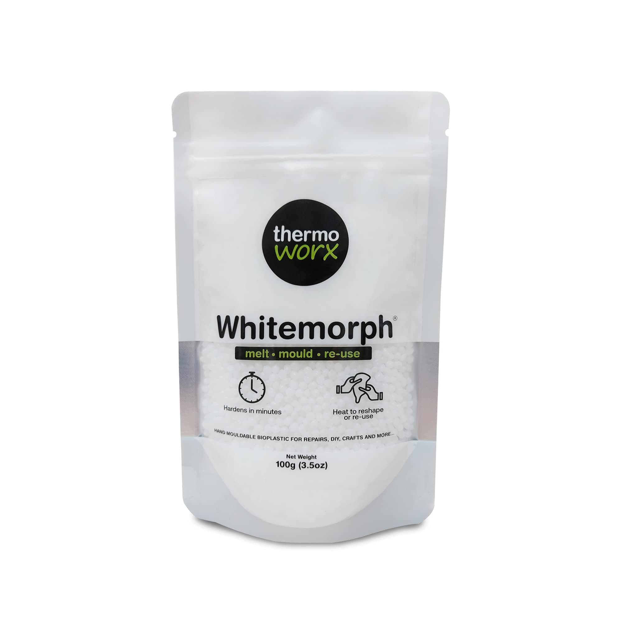 – Thermoworx Whitemorph 100g. Hand mouldable bioplastic. Melt, Mould and Reuse.