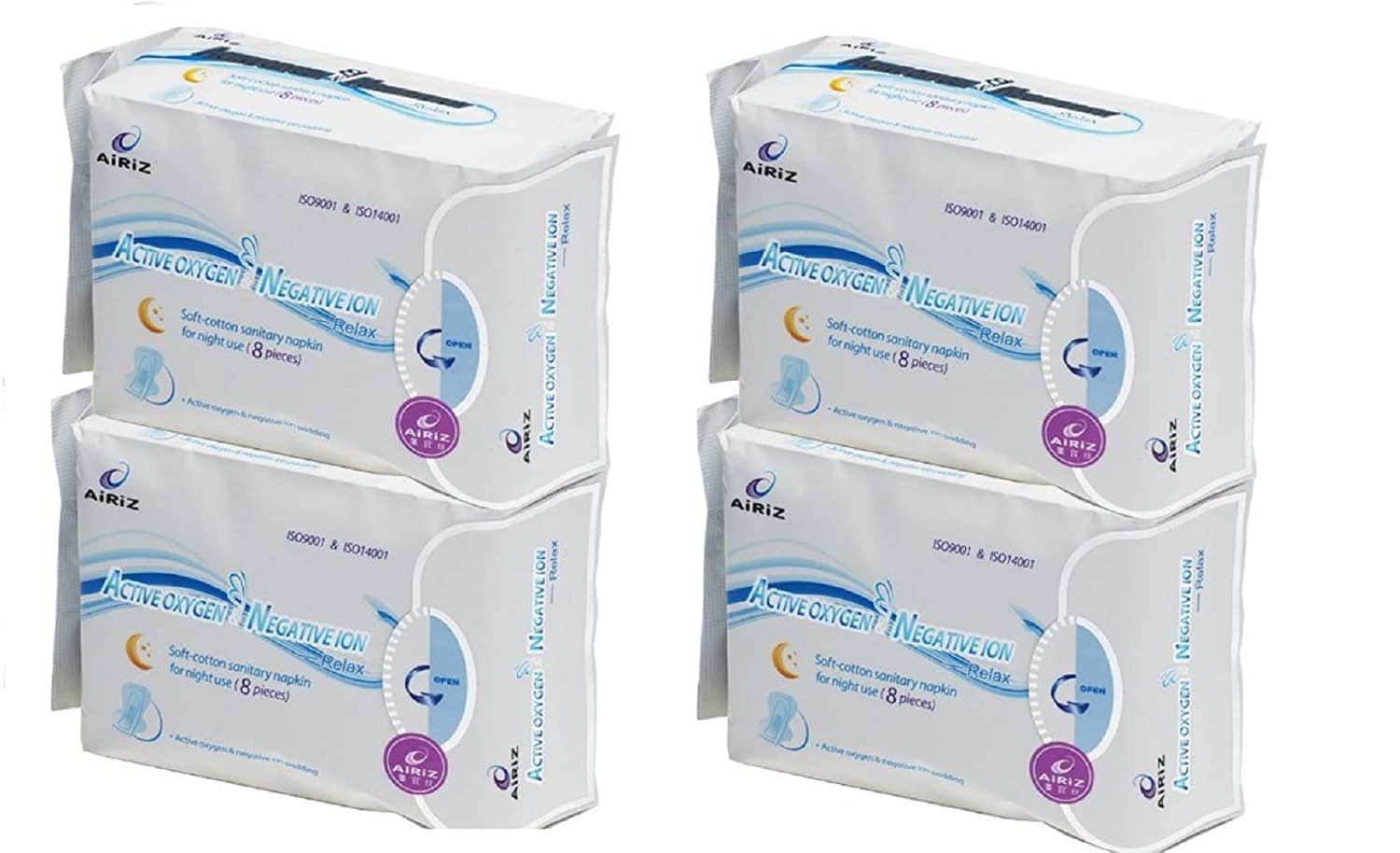 Original Active Oxygen Negative Ion Soft Cotton Sanitary Pads for Night 4 Pack (Pack of 32)