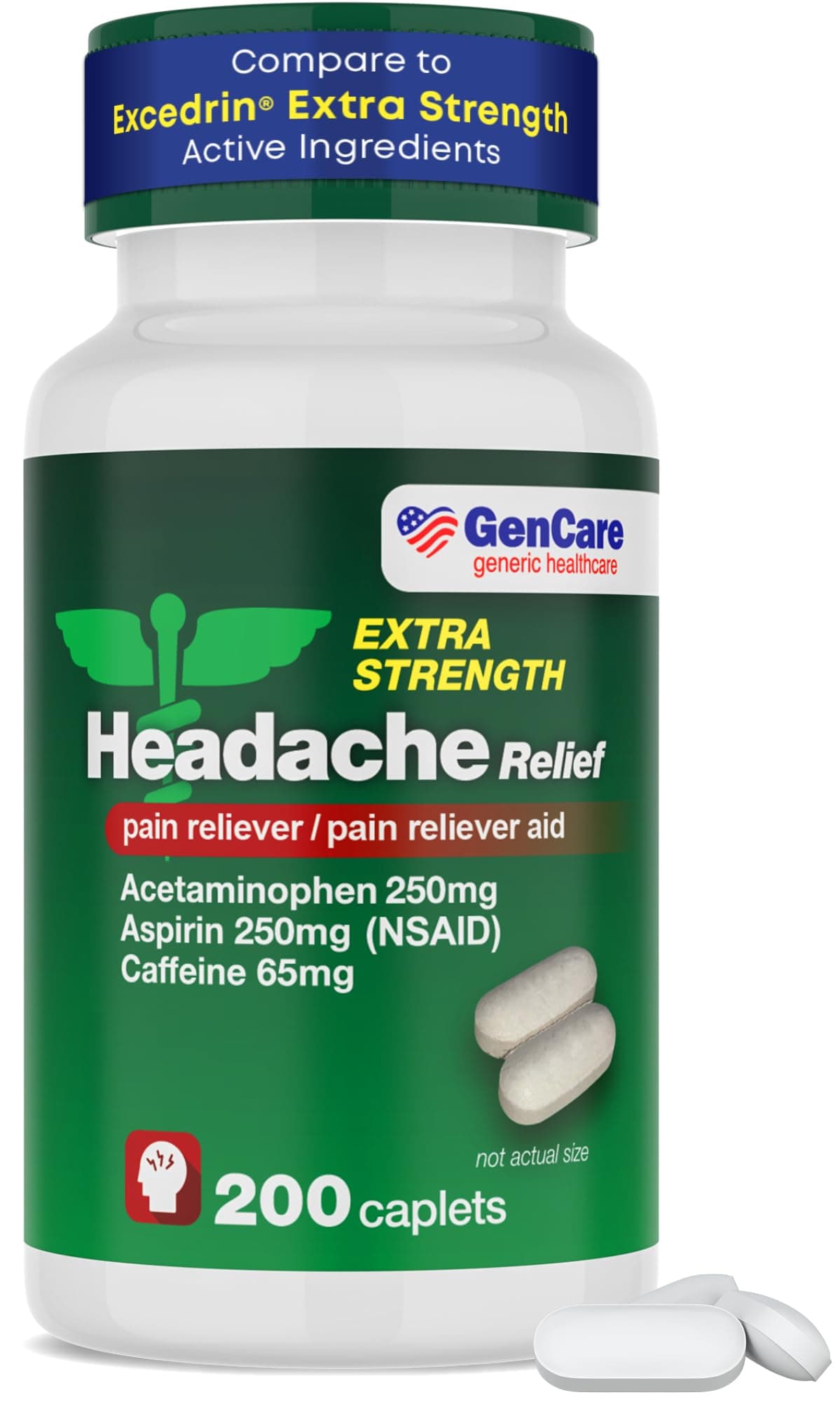 Headache Relief Acetaminophen with Aspirin (NSAID) & Caffeine (200 Caplets) Value Pack | Head Pain, Muscle Aches, Back Pain & Body | Generic Excedren Extra Strength