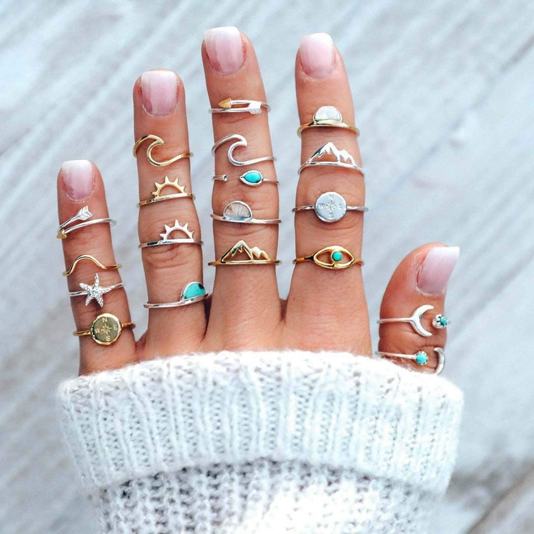 Zoestar Turquoise Rings Set Star with Moon Joint Ring Sun Knuckle Ring Jewelry for Women