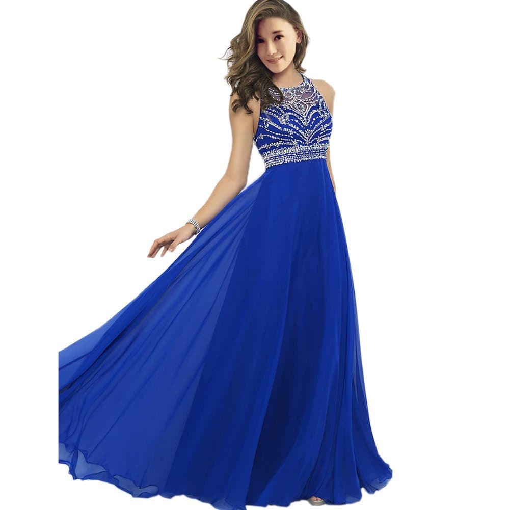 MOBAI Women's A-Line Sweep Train Sparkly Beading Evening Prom Dresses (6, Blue)