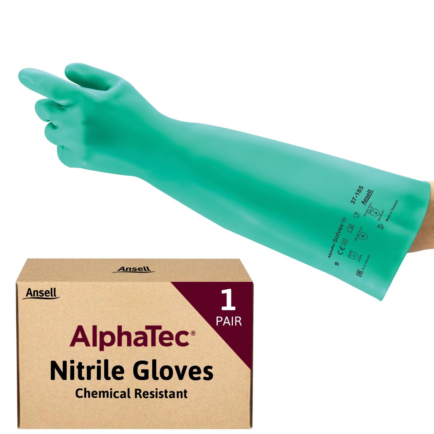 AlphaTec 37-185 Chemical-Resistant Nitrile Gloves, Liquid and Splash Protection, Food-Handling, Silicone and Latex-Free Work Glove, Waterproof, Reusable, Green, Size S (1 Pair)
